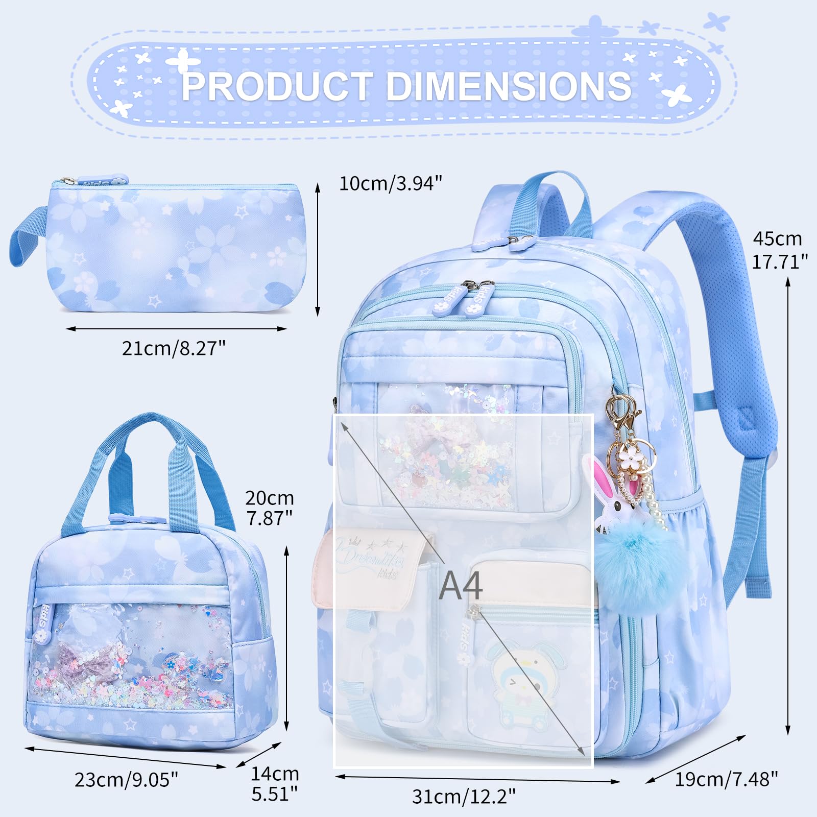 KEBEIXUAN Set Mochila Escolar Niña 3 Piezas para Colegio, Mochila Infantil Primaria con Fiambrera y Estuche, Apertura 180°, Ligera 26L, Cabe A4-6-10 Años (conjunto azul)