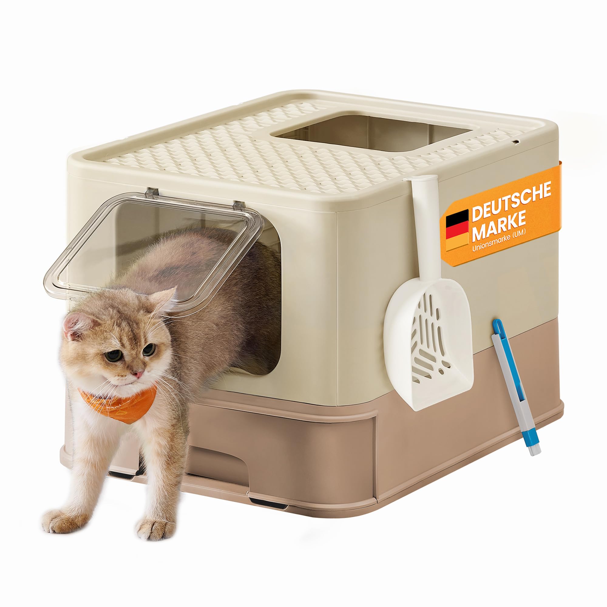 Feandrea Katzenklo, Katzentoilette, mit Deckel, ausziehbares Tablett, Schaufel, Bürste, für Katzen bis 15 kg, weniger Spuren, auslaufsicherer Boden, sandbeige-karamellbraun PPT001LJ02