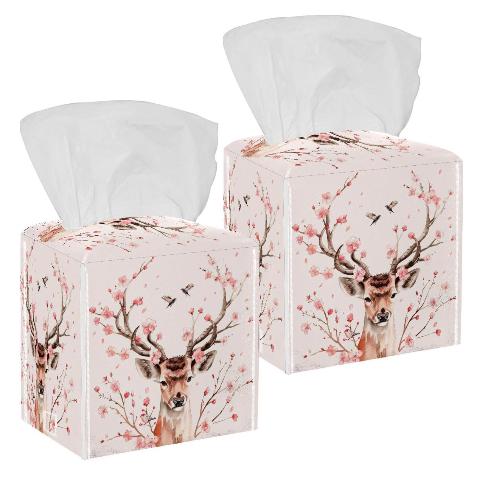 Watercolor Deer Tissue Box Cover, 2 Pack PU Leather Square Facial Tissue Dispenser Box holder for Home Office Car