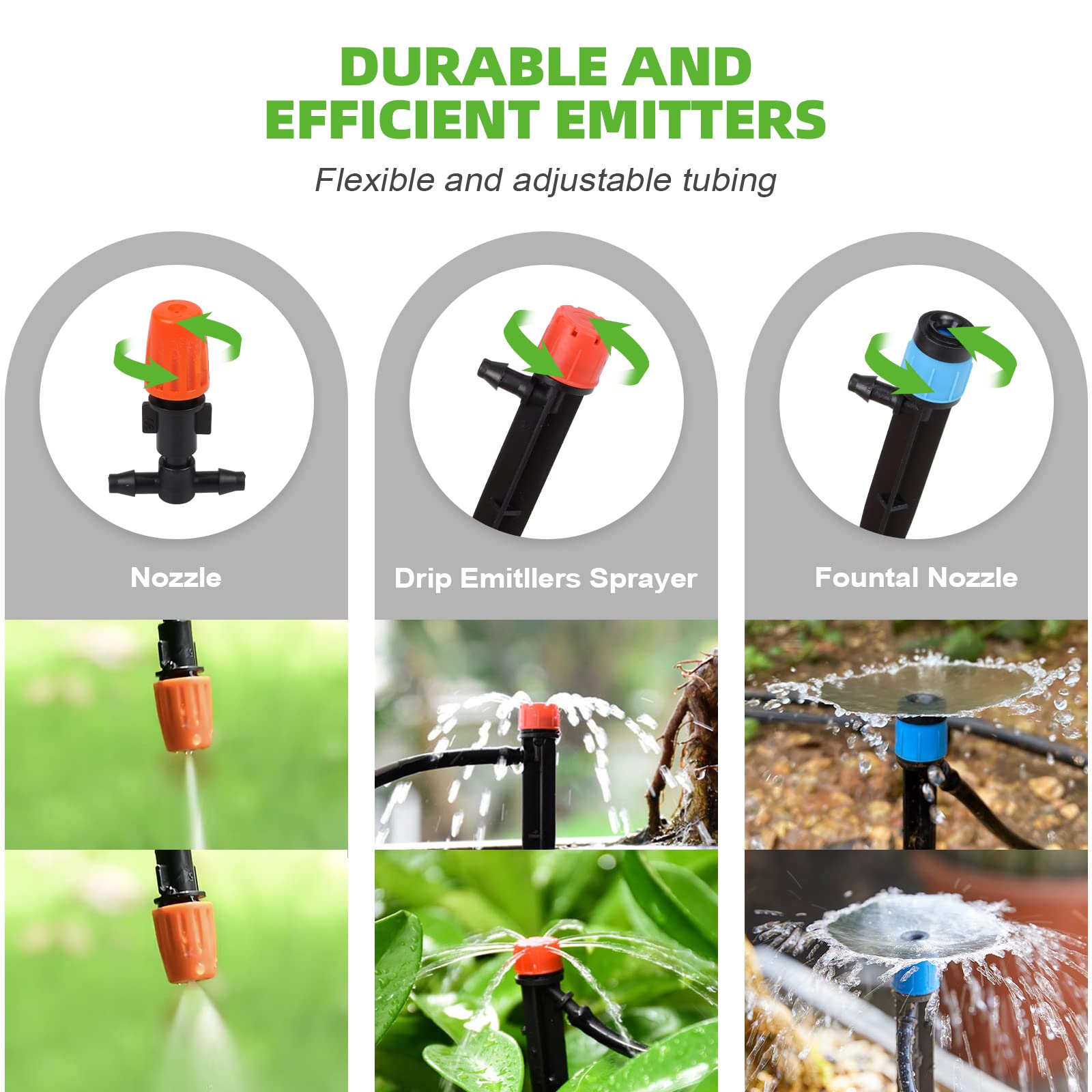 Kit per sistema di irrigazione a goccia per giardino, sistema di irrigazione con ugelli regolabili, tubo flessibile da 1/2 e 1/4", raffreddamento automatico fai da te per prato esterno, patio, serra