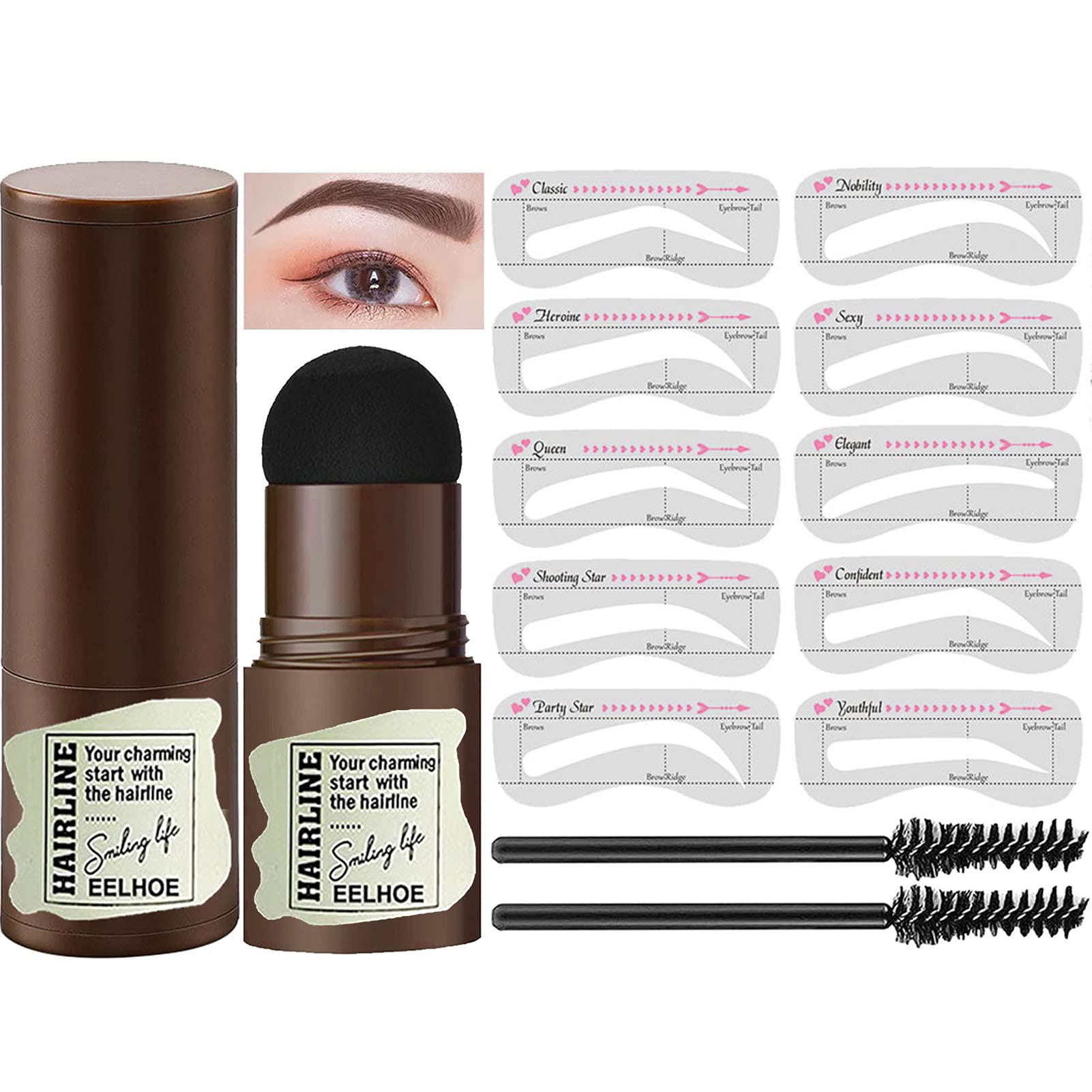 One Step Eyebrow Stamp Shaping Kit, Brow Stamp Shaping Kit Eyebrow Definer，Hairline Shadow Powder Stick，Perfect Brow Pomade ​Stamp With 10 Reusable Eyebrow Stencils and 2 PCS Eyebrow Brush(Gray-black)