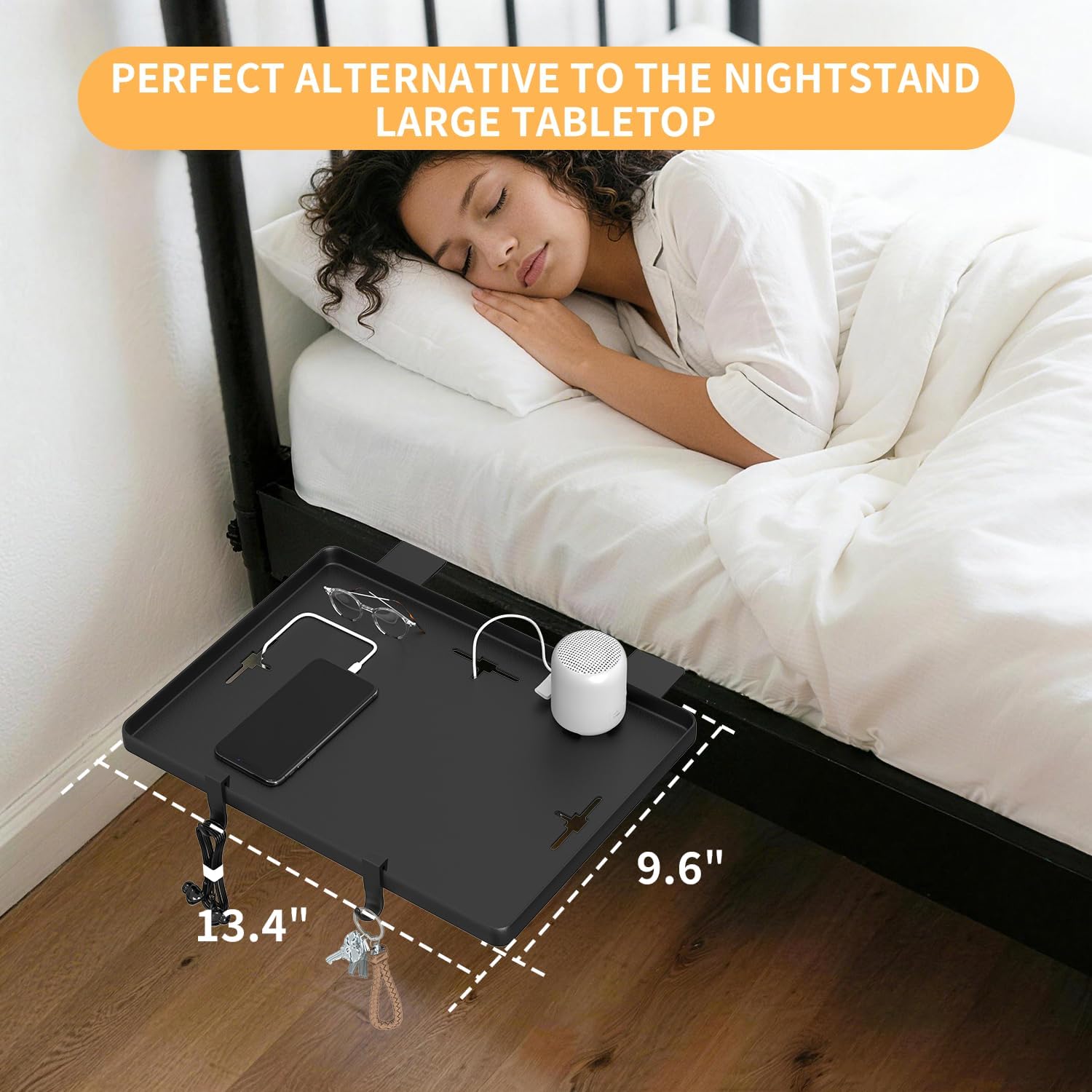 Bedside Shelf, Bedside Shelf for Dorm Bunk Bed, Clip On Nightstand Foldable, College Dorm Room Essential Bedside Tray with Magnetic Mat and Cable Management for Dormitory Black