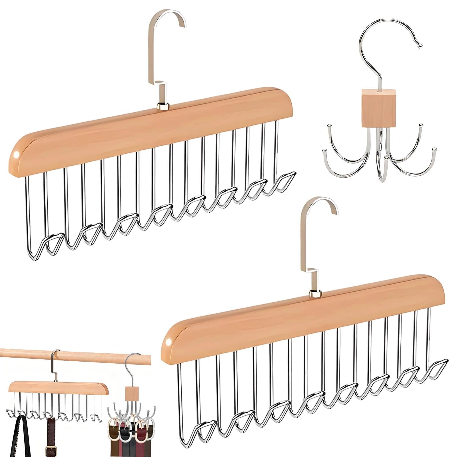 Belt Hanger for Closet, 2 Pack 8-Hook Wooden Belt Tie Hanger & 1 Pack 6-Claw Rotatable Belt Organizer, 360° Swivel Tie Holder for Wardrobe Storage