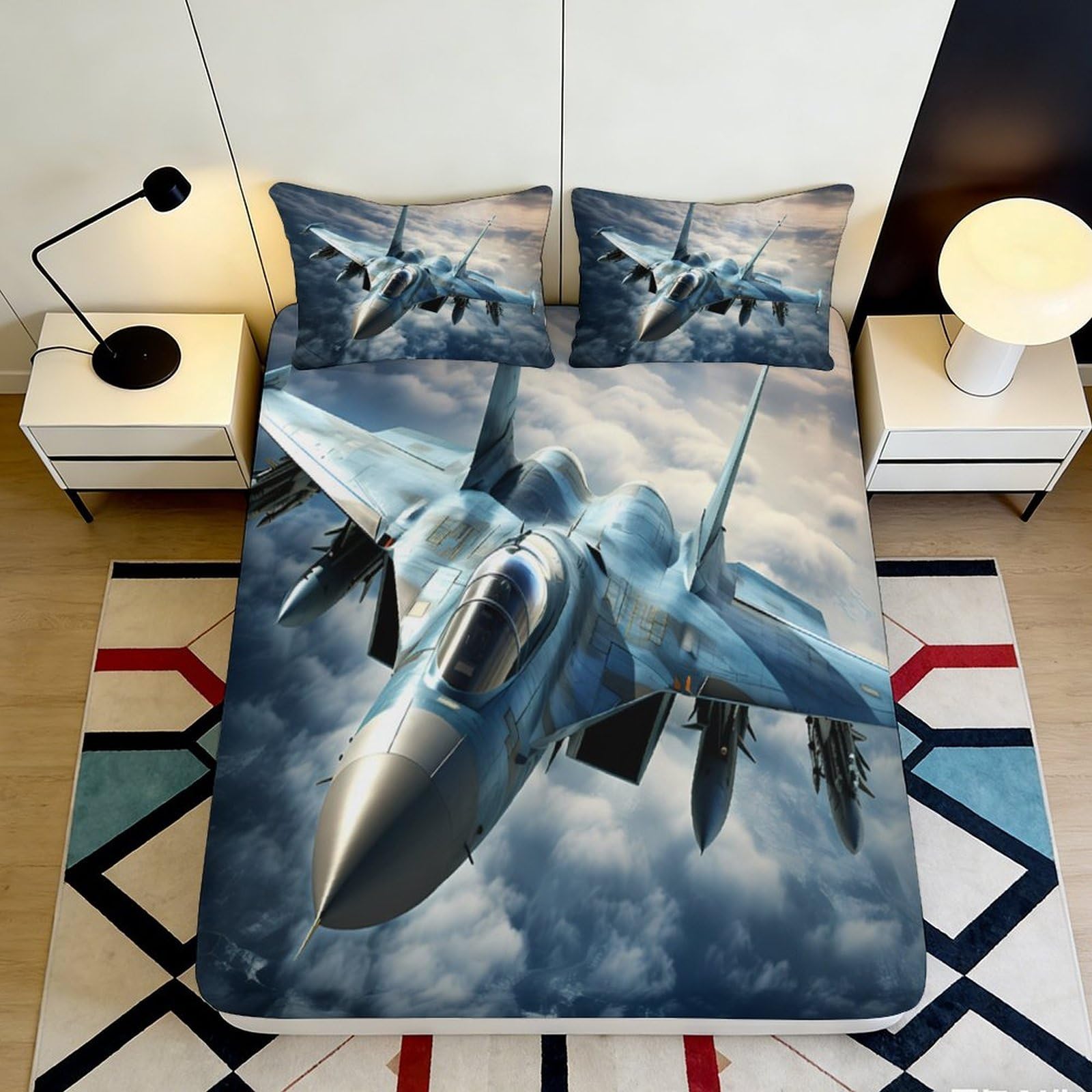 3D Printed Fighter Jet Fitted Sheet Microfiber Durable Breathable Military Aircraft Bed Cover for Teen Bedroom Dormitory Mattress Protection 120x200x25cm