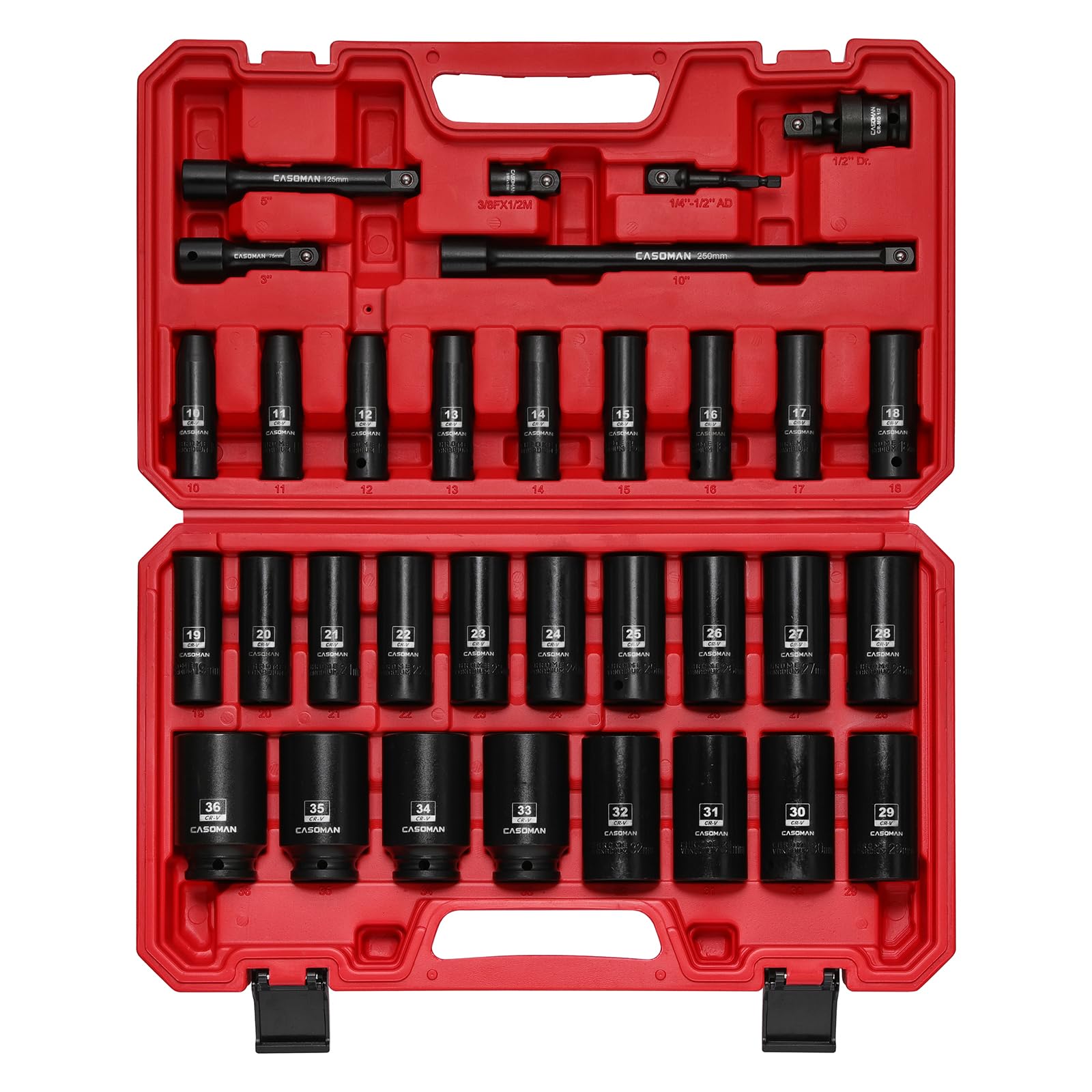 CASOMAN 33 PCS 1/2" Drive Deep Impact Socket Set with Case, 6 Point, 10mm - 36mm, Metric, Include Extension Bars,Socket Adapter, Drill Adapter and Universal Joint