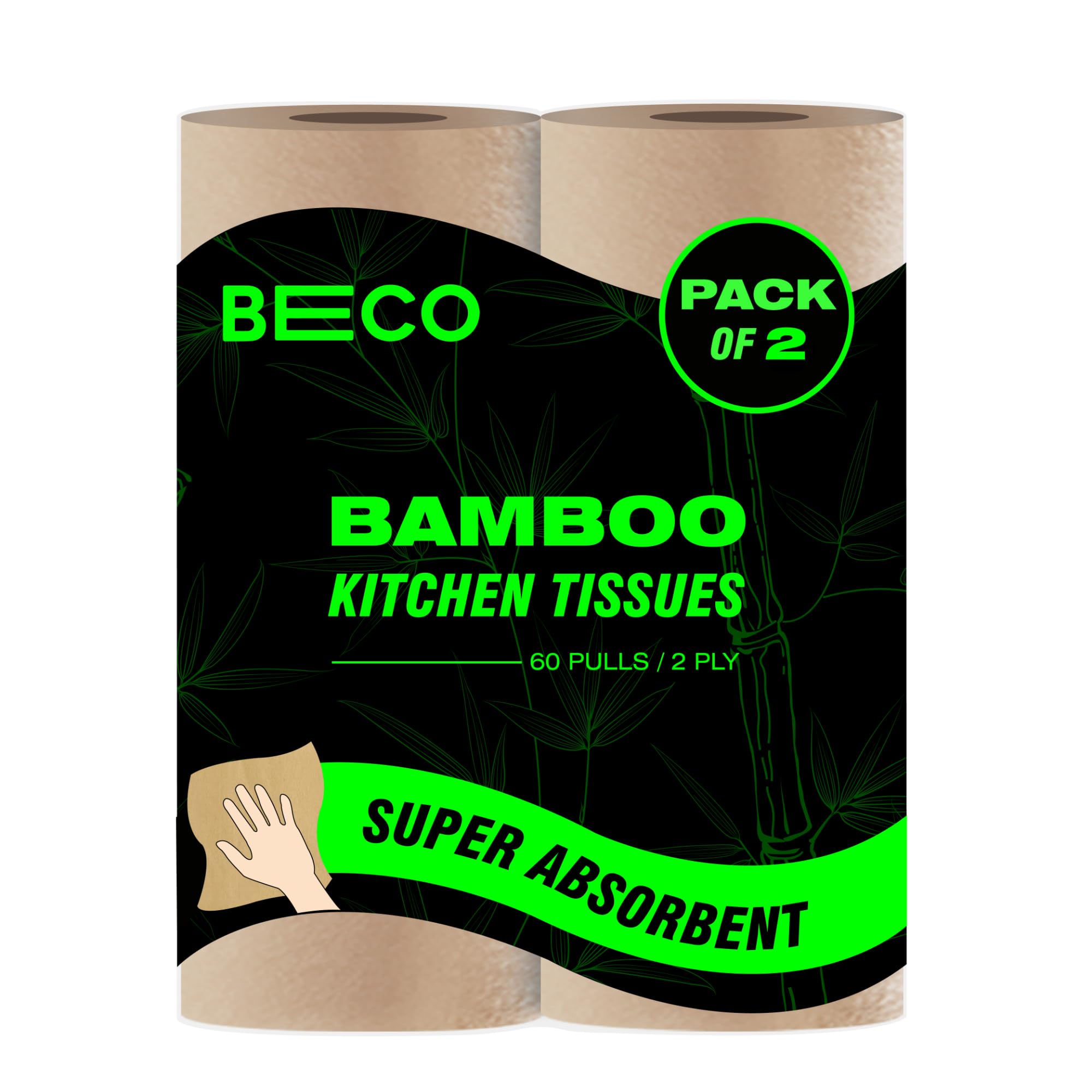 Beco Bamboo - 2 Ply Kitchen Tissue/Towel Roll | 120 Pulls (60 pulls x 2 Rolls) | 100% Eco-Friendly - Pure Bamboo Pulp |Soft & Super Absorbent | Food Safe & Chemical Free Tissue Papers