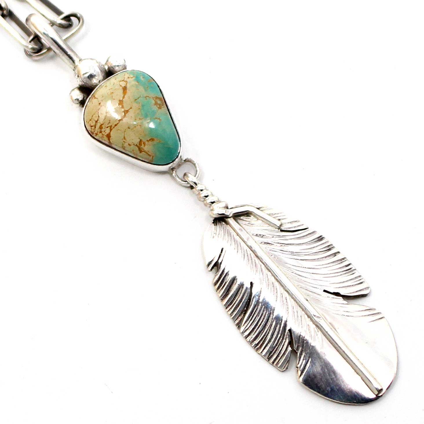 Turquoise & Silver Feather Pendant With Chain by Begay