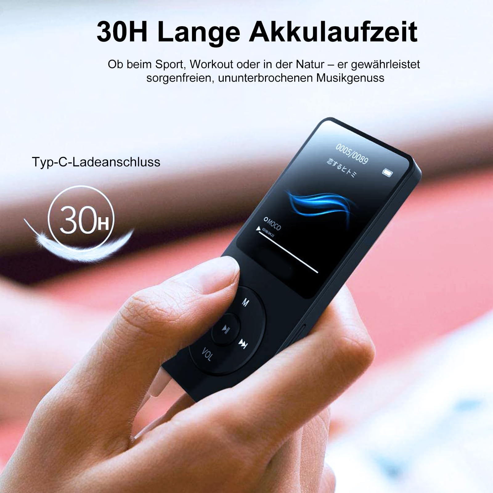 MP3 Player mit Bluetooth 5.0, 64 GB Speicher, FM-Radio, Sprachaufnahme, HiFi-Sound, E-Book, inkl. Kopfhörer, Mini-Größe, Gewicht 27g, erweiterbar auf bis zu 128 GB SD-Karte