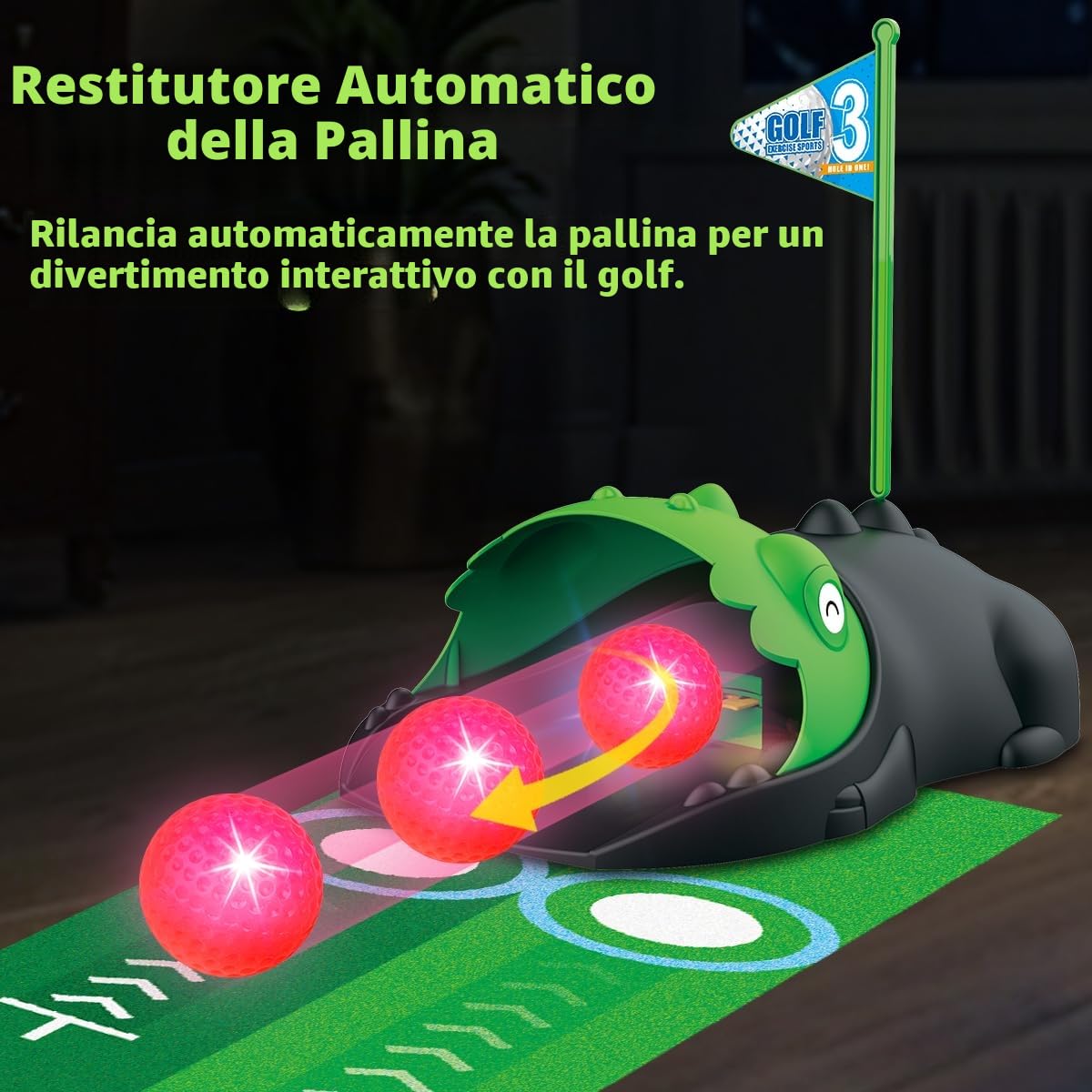 Giocattolo da Golf per Bambini Aggiornato con Raccoglitore Automatico, Palline da Golf Luminescenti a LED,Mazze, Tappetino da Putting,Mini Golf per 3-8 Anni, Giochi Sportivi per Ragazzi e Ragazze 3+