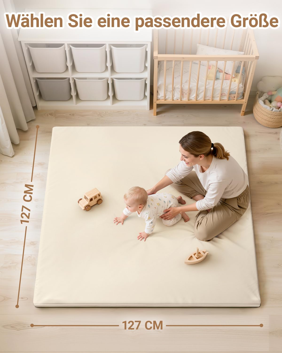 Wasserdicht Krabbelmatte Baby 127x127x3cm,Beige Kunstleder Spielmatte Baby