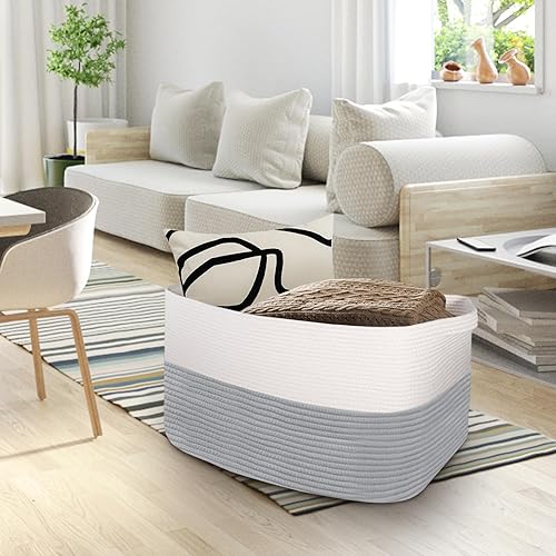 Miniatura 6 de Cesta de almacenamiento extra grande, 22.8 x 14.9 x 11.8 pulgadas, cesta rectangular de cuerda de algodón tejida, cesta de mimbre para ropa sucia,