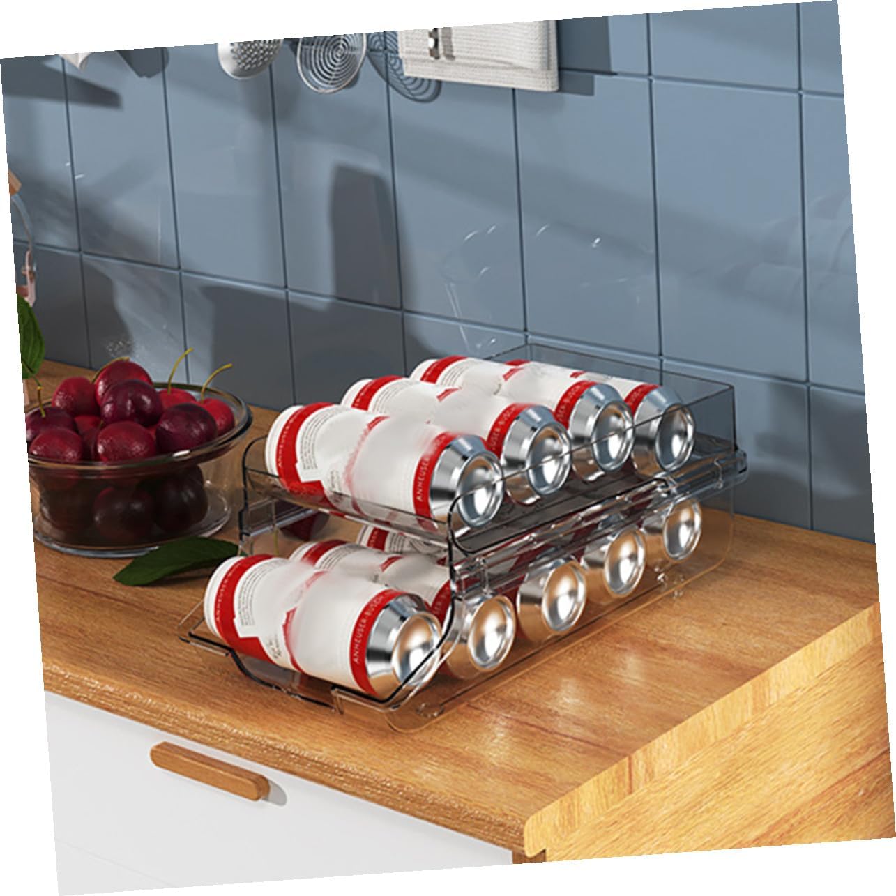 Clear Dual-Layer Can Dispenser Organizer for Refrigerator and Pantry Space-saving Beverage Storage Box for Soda Beer and Drinks with Feature