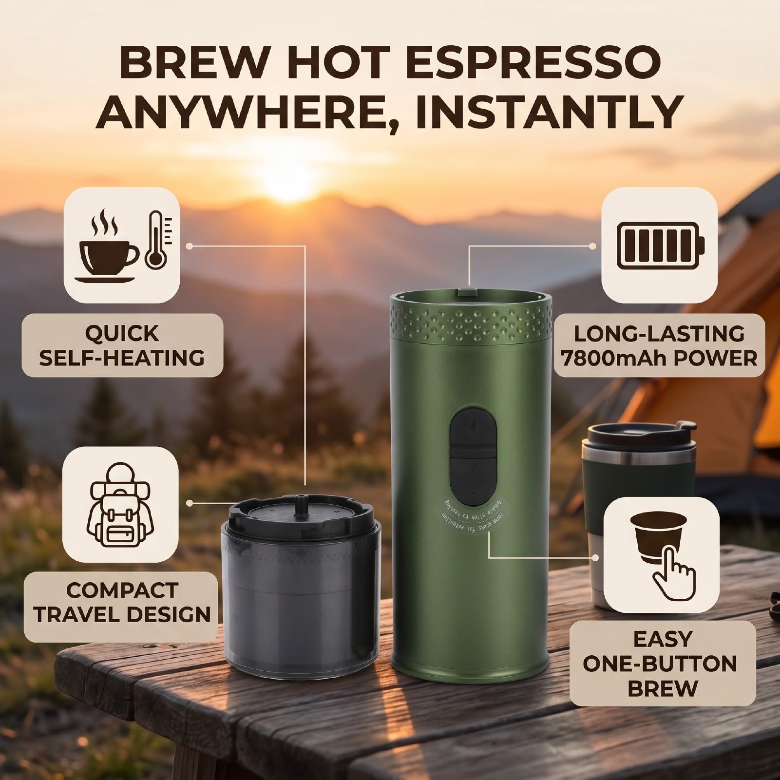 Naroote Tragbare Kapsel-Kaffeemaschine mit 20 bar Druck und Selbstheizung | 50 ml in 3–4 Minuten, Speicher mit 7800 mAh und Autoladegerät, für Gemahlenen Kaffee oder Kapseln Geeignet, Edelstahl