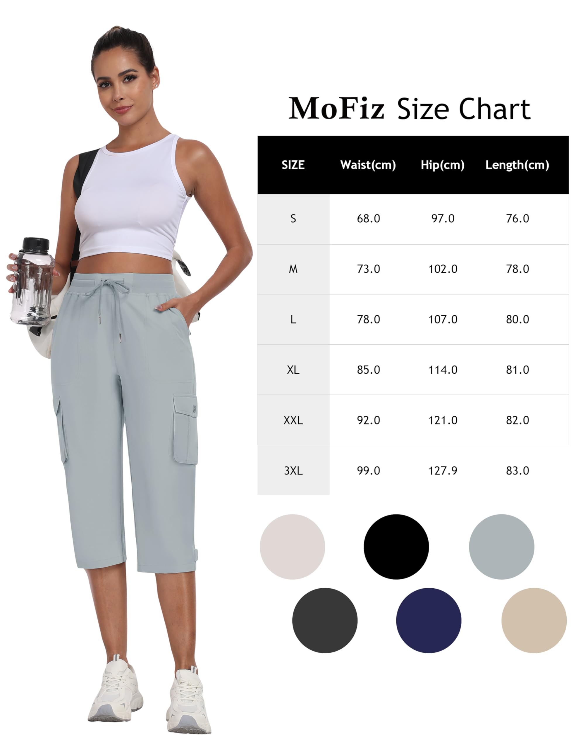 MoFiz Damskie spodnie cargo Capri 3/4, lekkie, outdoorowe, szybkoschnące, oddychające spodnie trekkingowe z kieszenią
