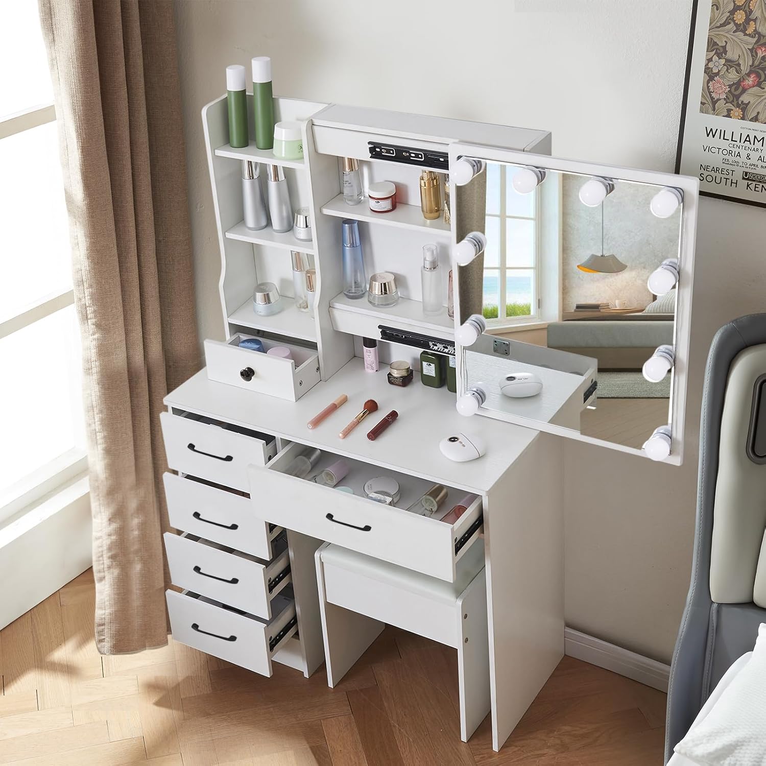 Dressing Table with LED Lights, White Vanity Makeup Table Set with Mirror and Stool, Bedroom Dresser Cosmetic Makeup Desk with Drawers and Shelves Storage Unit for Girls (A6)