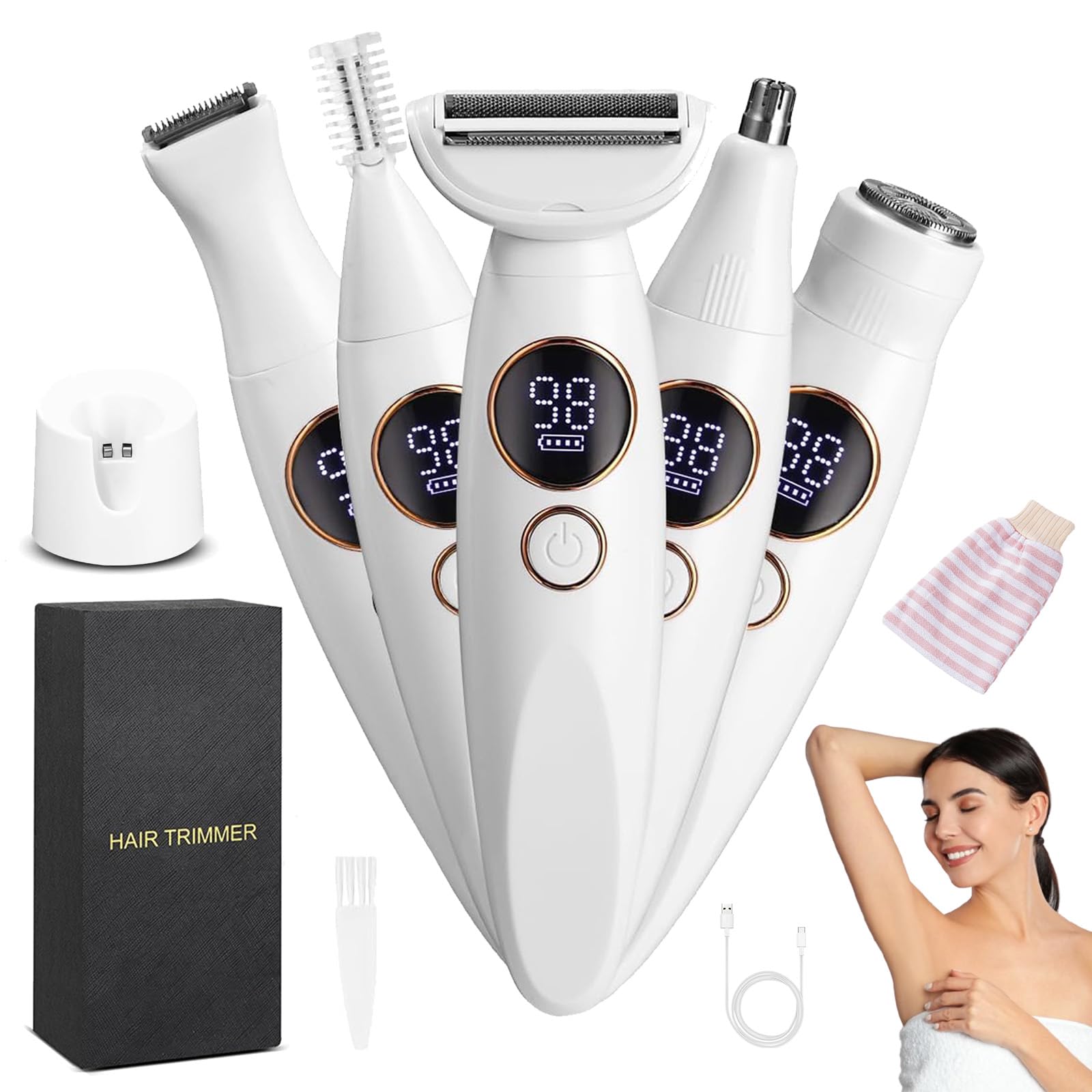 Rasierer, 5 In 1 Intimrasierer, Ipx7 Wasserdicht Elektrischer Intimrasierer FüR Frauen, Usb-Aufladung Rasierer Damen FüR Bikini, Achseln, Beine, Augenbrauen Und Nase (A Mit Sockel)