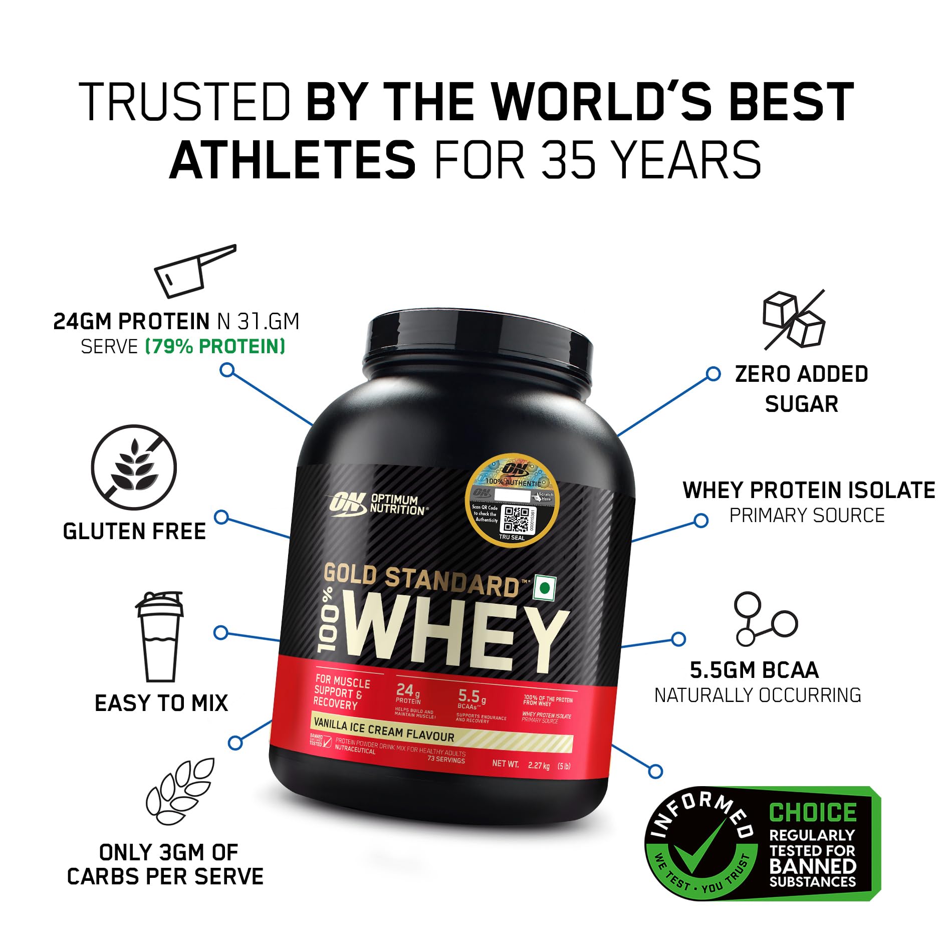 Optimum Nutrition (ON) Gold Standard 100% Whey Protein Powder 5 lbs, 2.27 g (Vanilla Ice Cream), for Muscle Support & Recovery, Vegetarian - Primary Source Whey Isolate — Amazon image 2
