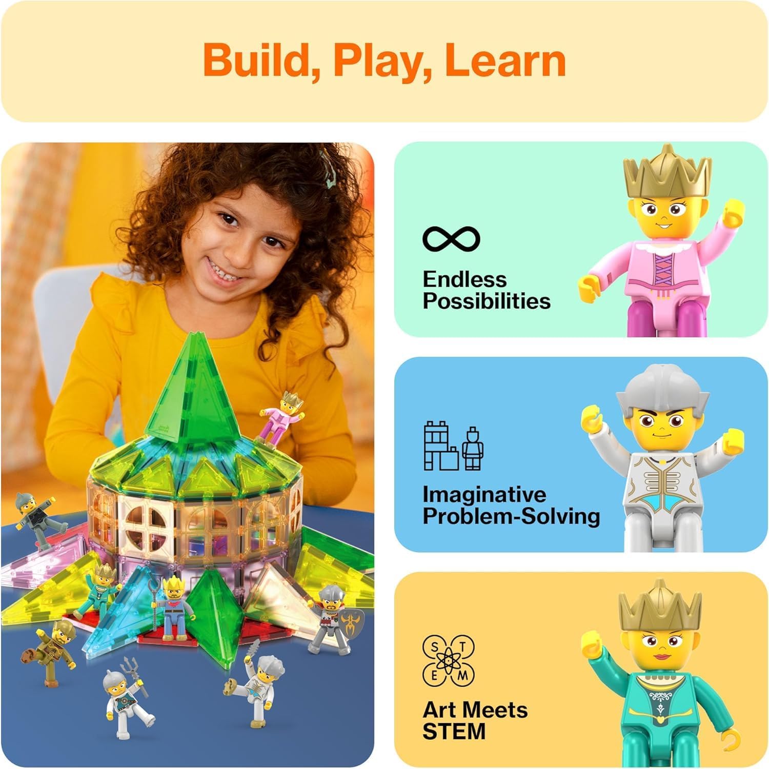 Picasso Toys Magnetic Action Figures Medieval King and Knights Character for Building Blocks Tiles Construction Toddler Toy Set Magnets Expansion Pack Educational STEM Pretend Playset PTA13