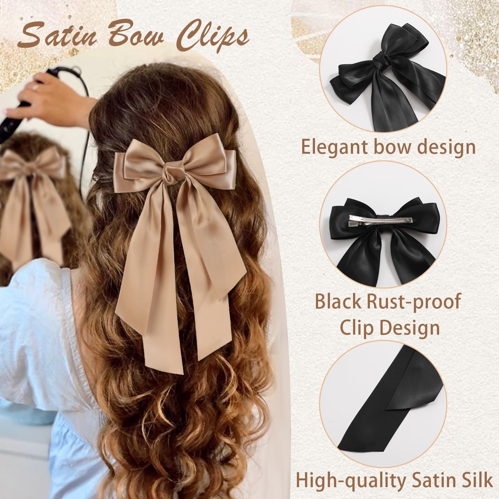6 Pcs Satin Bow Hair Clips, Large Duckbill Barrettes 6PCS Large Satin Hair Bows Clips for Women - 13in Long Tail  main image 4