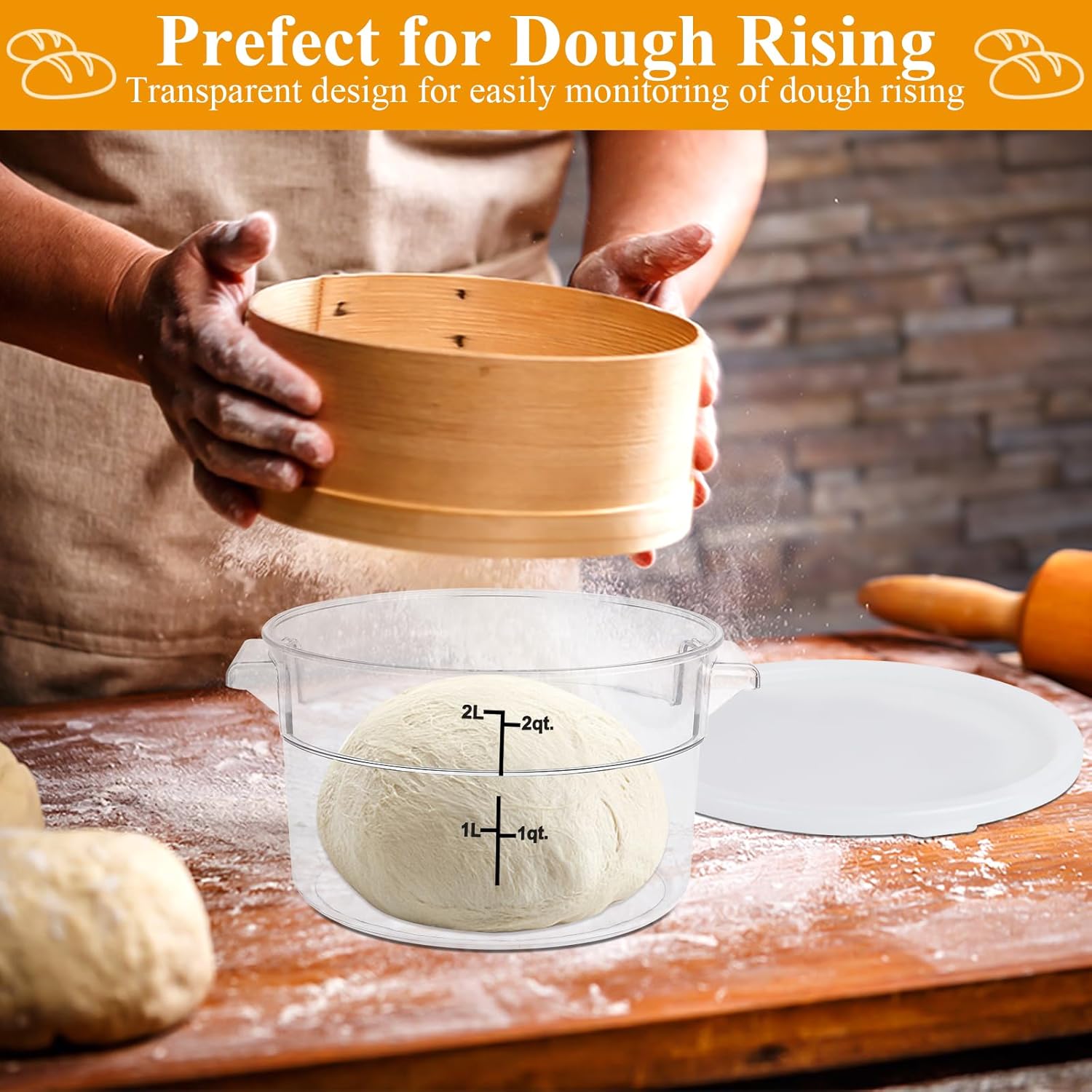 4Pcs Food Storage Container with Lids, Clear Round Dough Proofing Container, Commercial Containers with Scales and Handles for Bread Dough Rise Fridge Kitchen Organization 2 Qt 4 Qt (White)