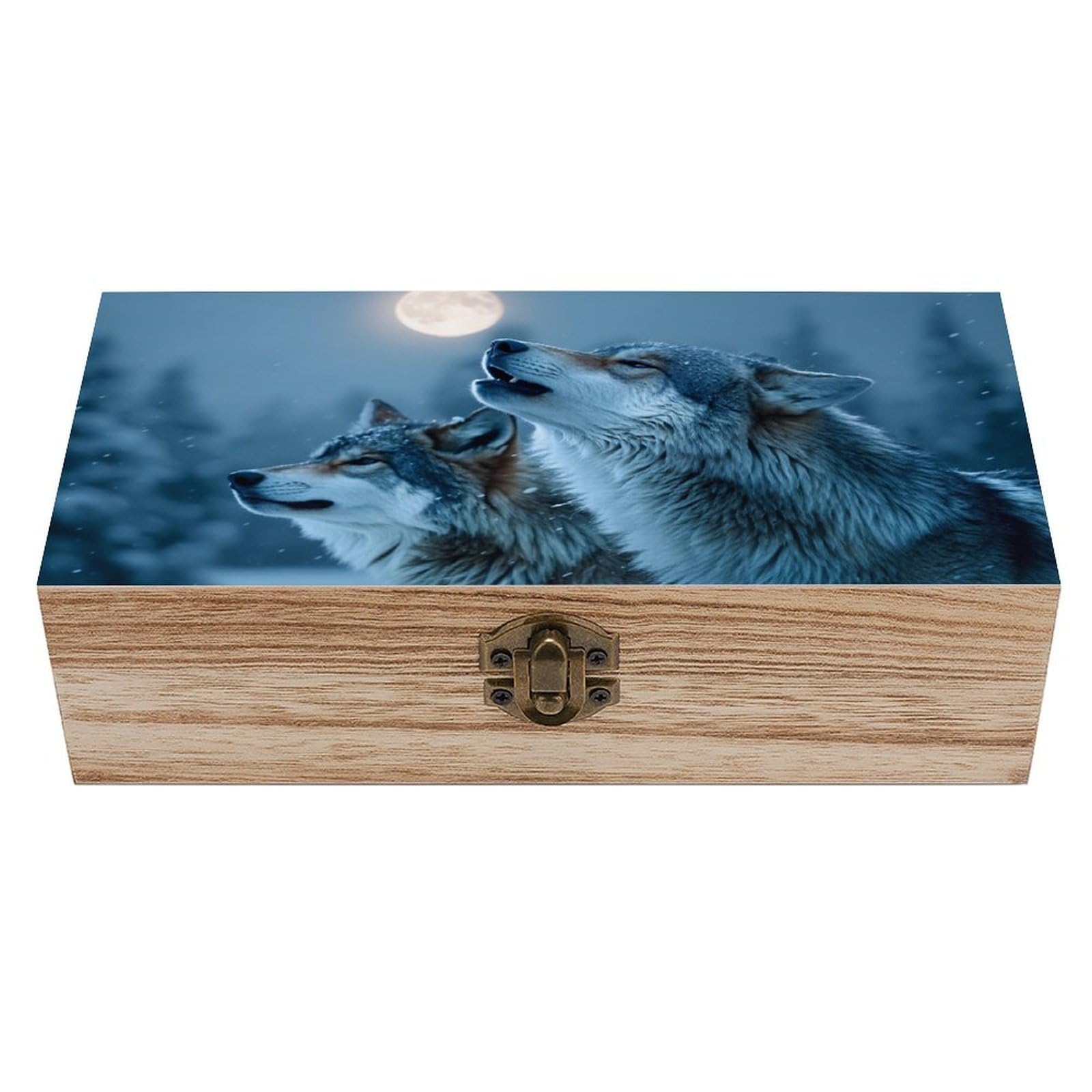 SMAZDFXX Wolves Howling Under Moonlight Snowy Wooden Keepsake Box Vintage Solid Wood with Hinged Lid 7.9"×3.7"×2.3" Metal Latch Rustic Home Decor for Jewelry Photos And Trinkets