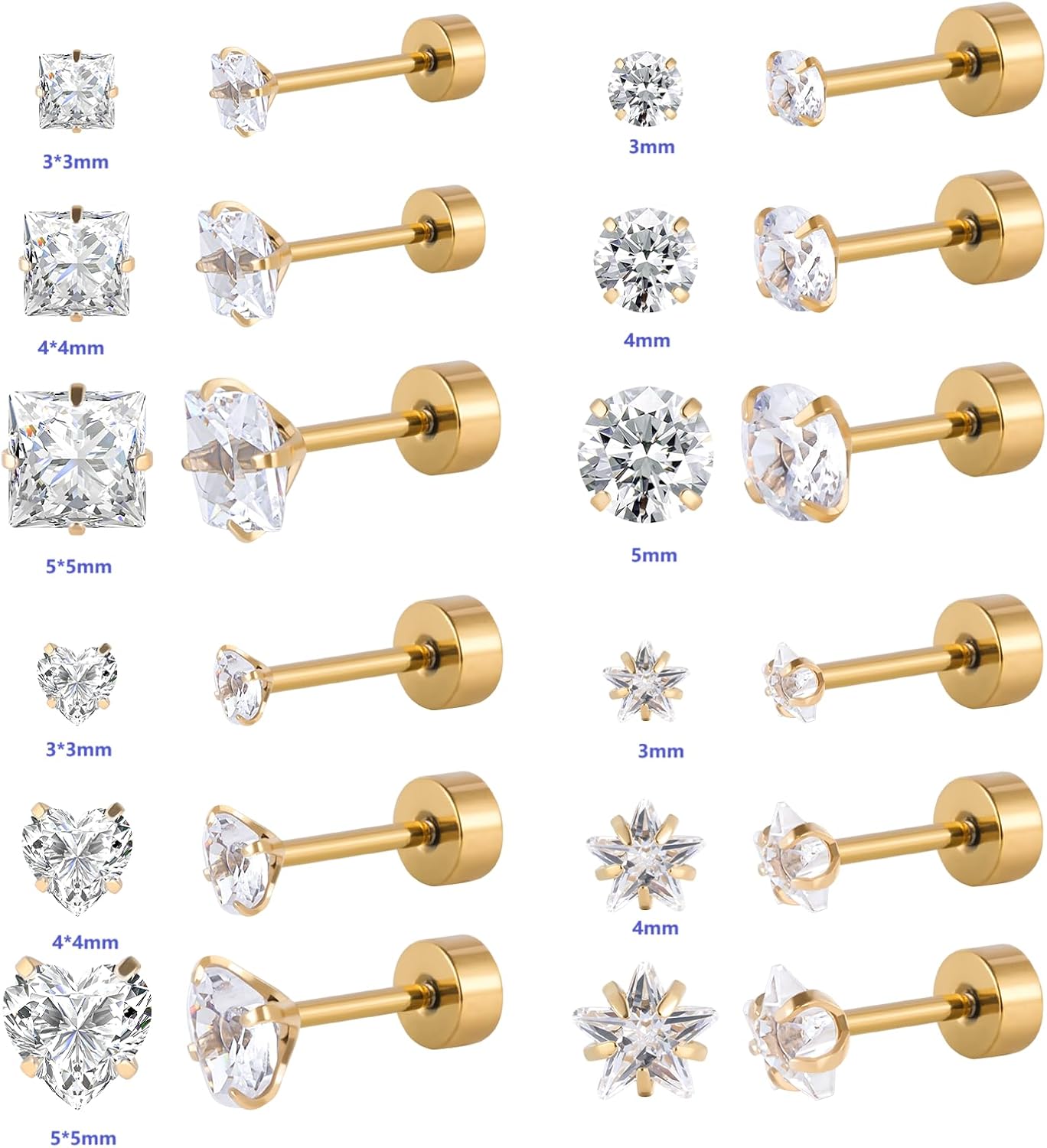 12 Pairs Surgical Stainless Steel Screw back Stud Earrings Star Heart Square Princess Cut Round Cubic Zirconia CZ Stud Earrings Set - Image 4