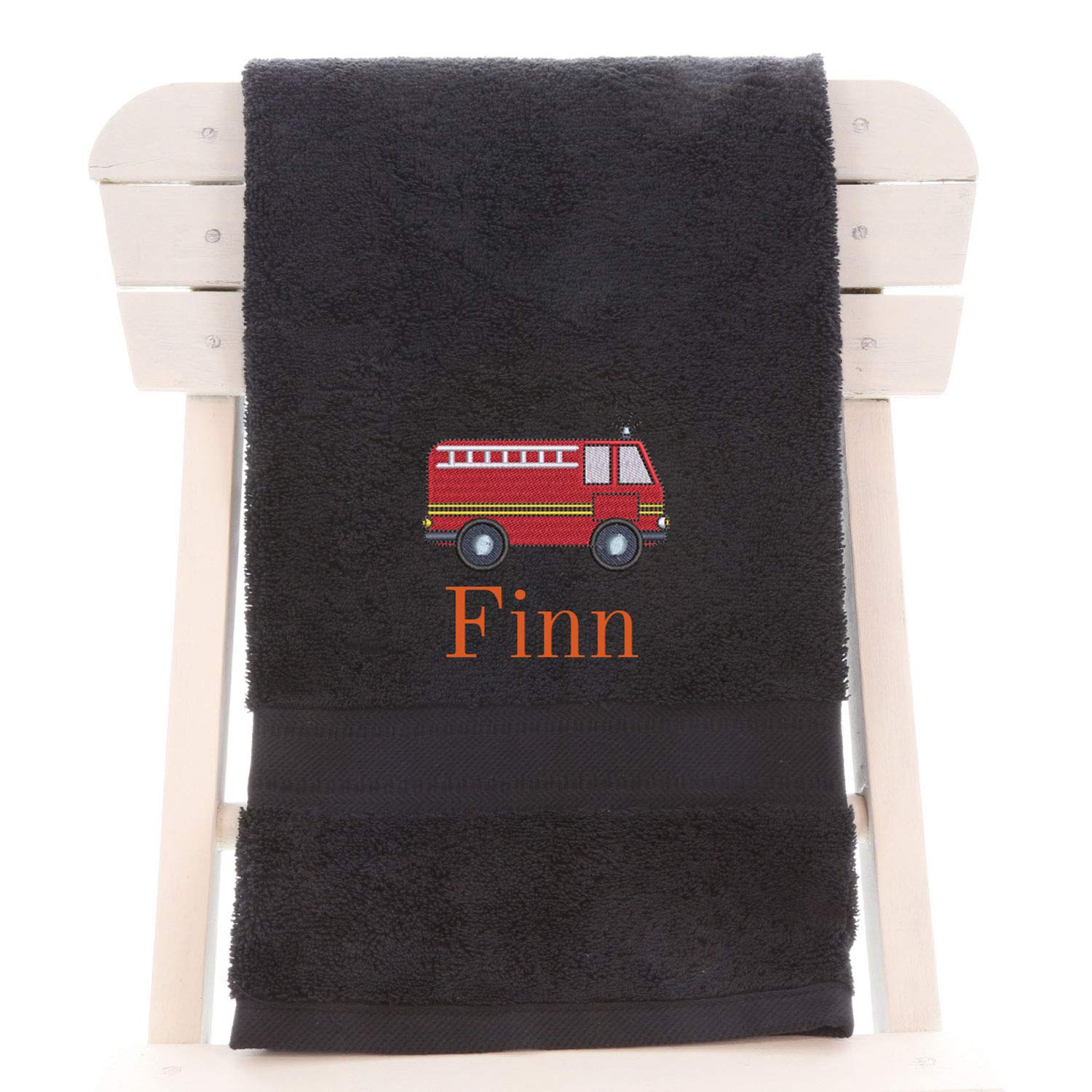 aztex Personalised Children's 100% Cotton Bath Towel with Fire Engine Logo & Name, 550gsm, 70cm x 130cm - Black