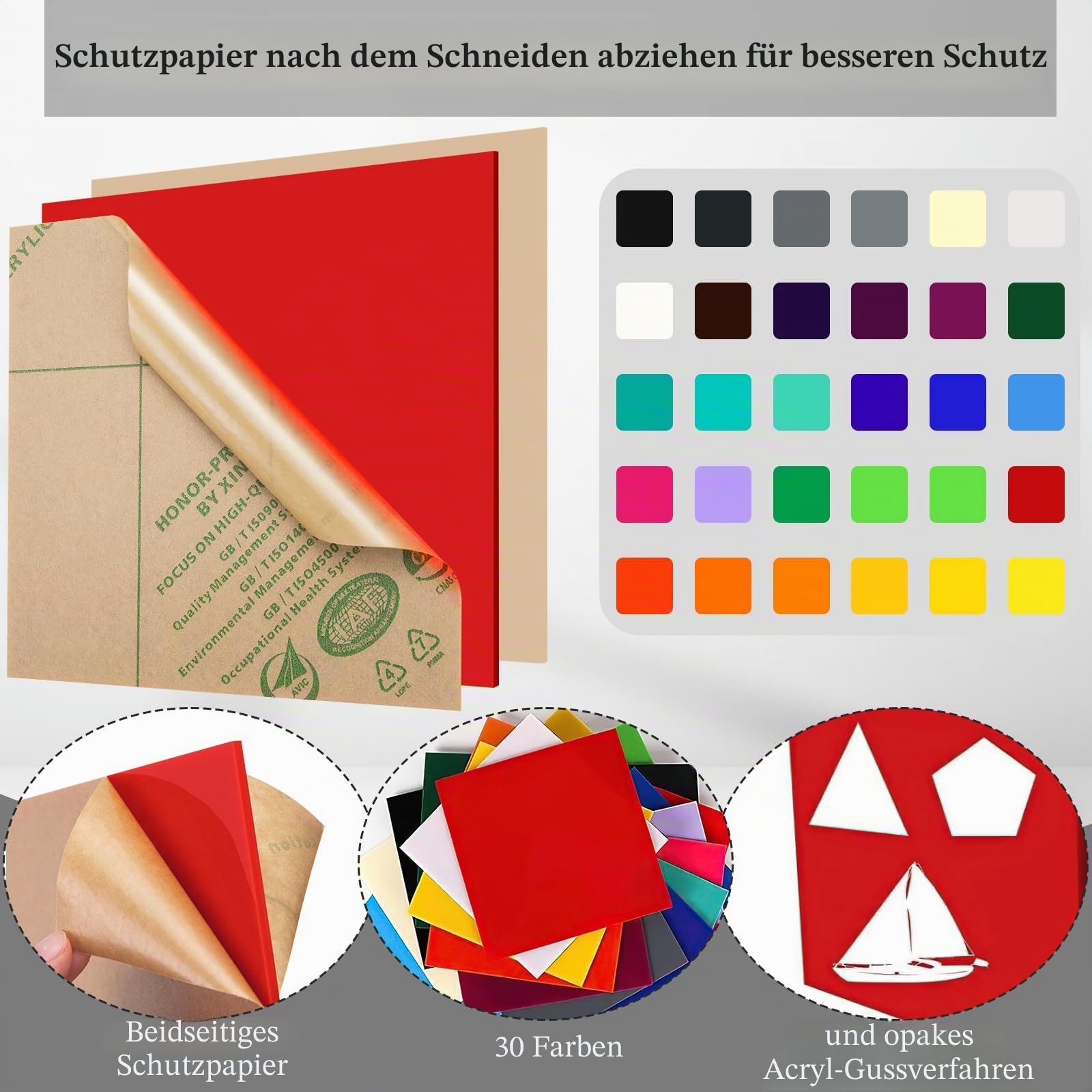 Farbige Acrylplatten, 0,3 cm dick, zum Laserschneiden, 3 mm gegossene undurchsichtige Acrylplatten mit Schutzpapier für Bastelarbeiten, Schilder, Heimdekoration (15,2 x 15,2 cm), 30 Stück