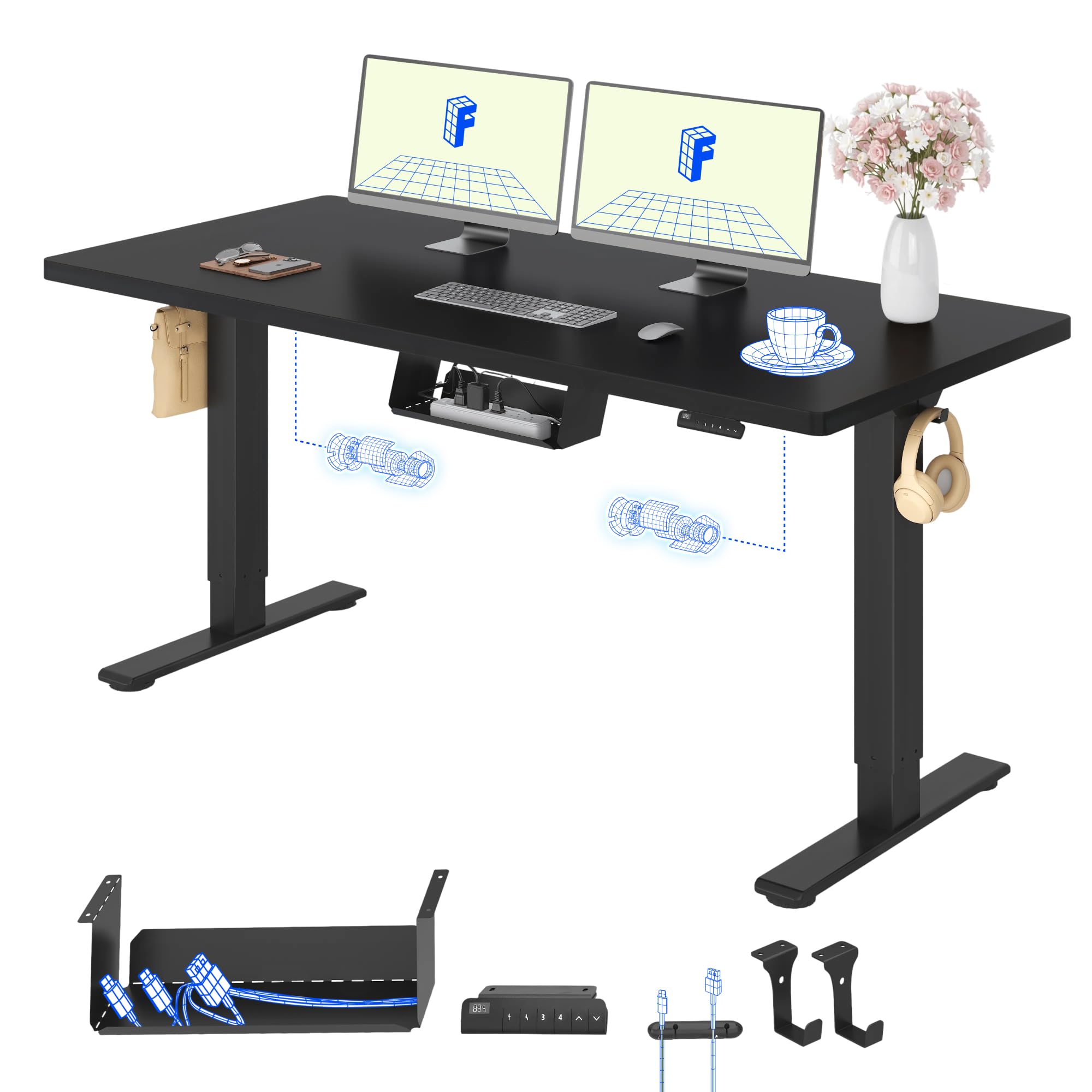 FlexiSpot Höhenverstellbarer Schreibtisch mit 2 Motoren & 25MM einteiliger Tischplatte,ergonomischer Bürotisch - 160 x 80 cm Schwarz, schwarzes Gestell