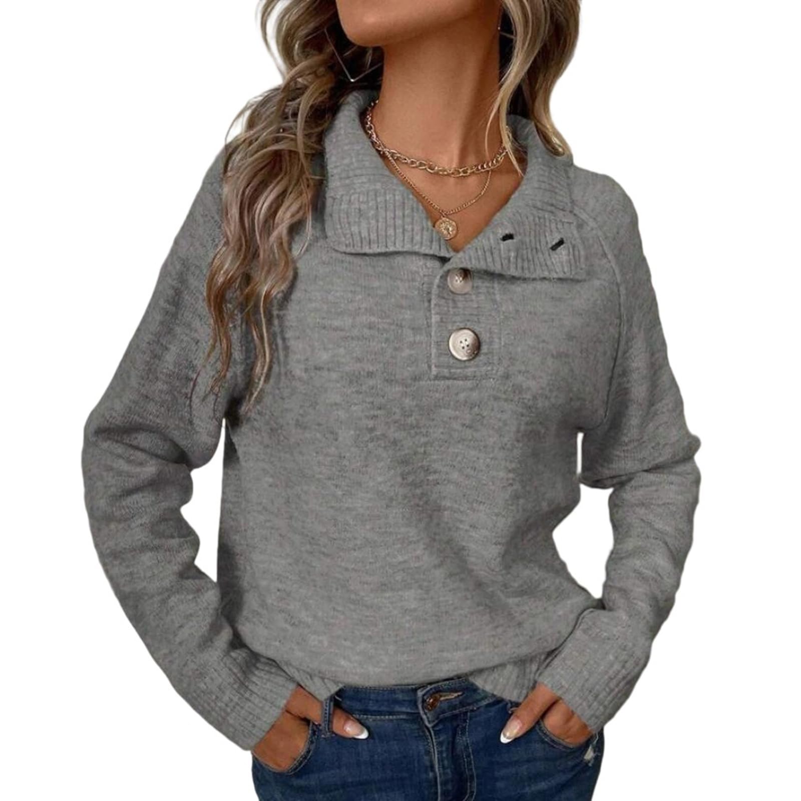 Womens Sweaters Long Sleeve Lapel Loose Fit Pullover Tops Solid Casual Fall Soft Jumpers