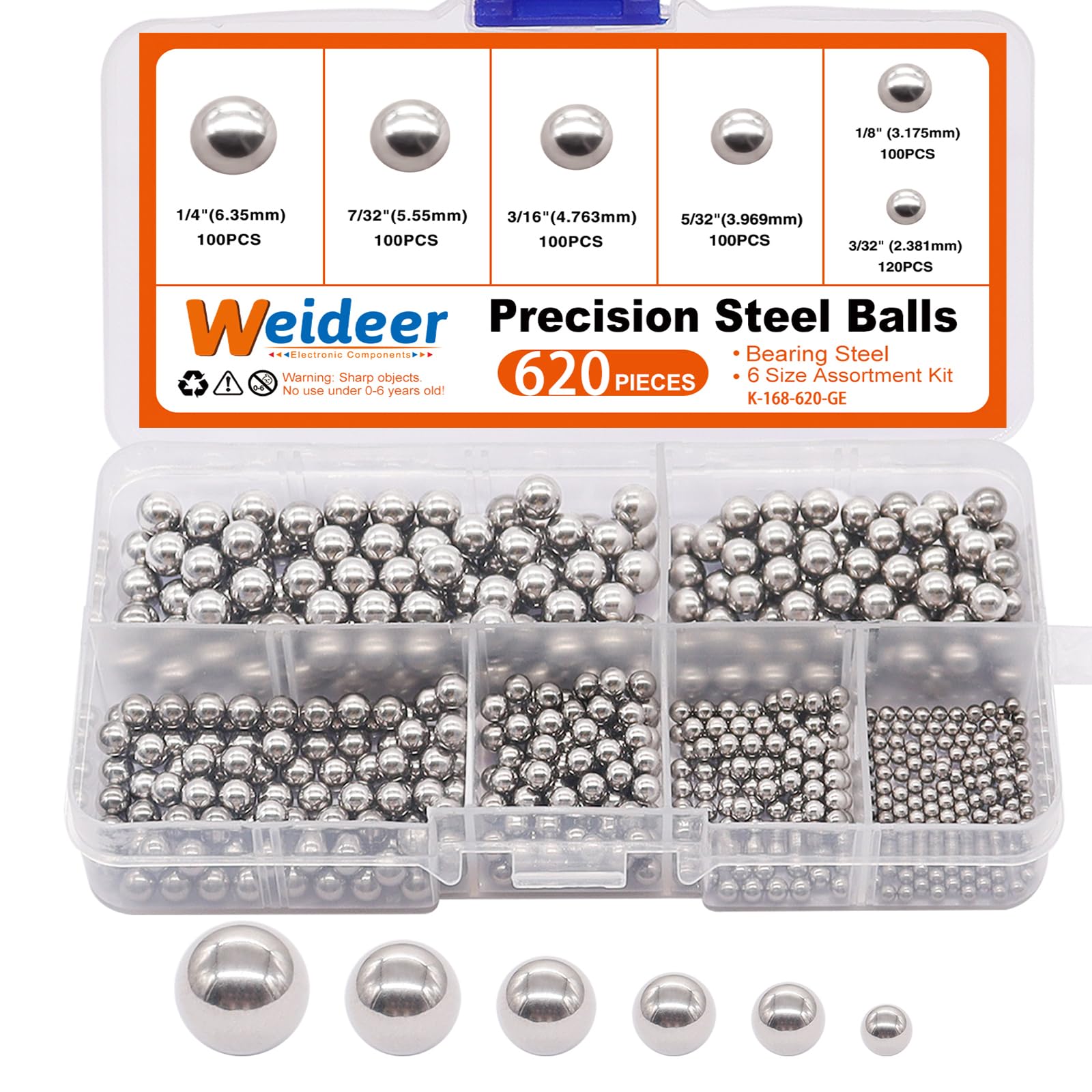 weideer 620pcs Bicycle Bearing Balls Metal Mixing Balls Assortment Kit 1/4" , 7/32", 3/16", 5/32" , 1/8", 3/32". Precision Steel Balls K-168-620-GE