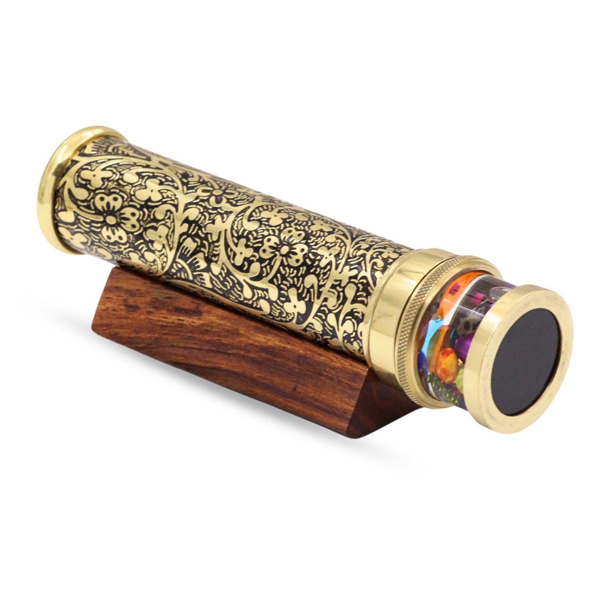 YVCrafts Handmade Brass Floral Gardens Oil Kaleidoscope  Acid-Etched Vintage Barrel, Oil-Filled Cell, 3-Mirror System, Wood Display Base  Unique Gift, Collectible, Personalized Art Dcor