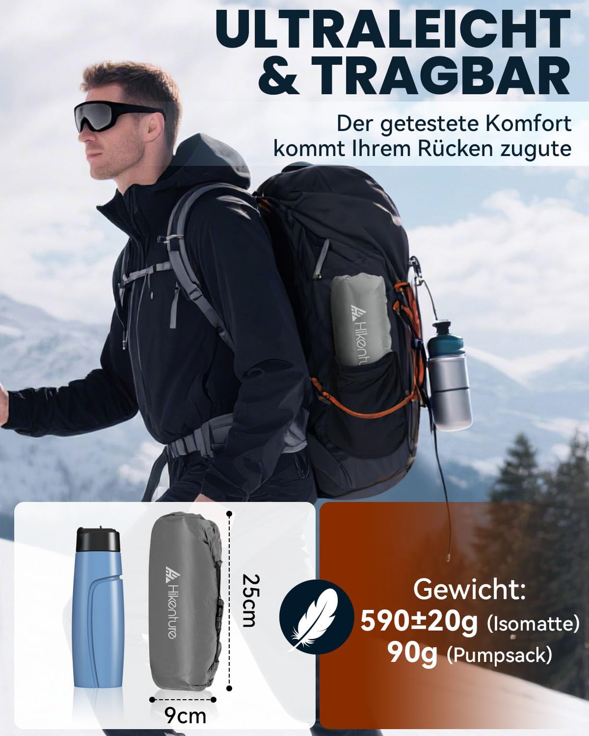 HIKENTURE Materassino da campeggio ultraleggero, 8 cm, gonfiabile, piccolo, per 4 stagioni, attività all'aperto, escursionismo
