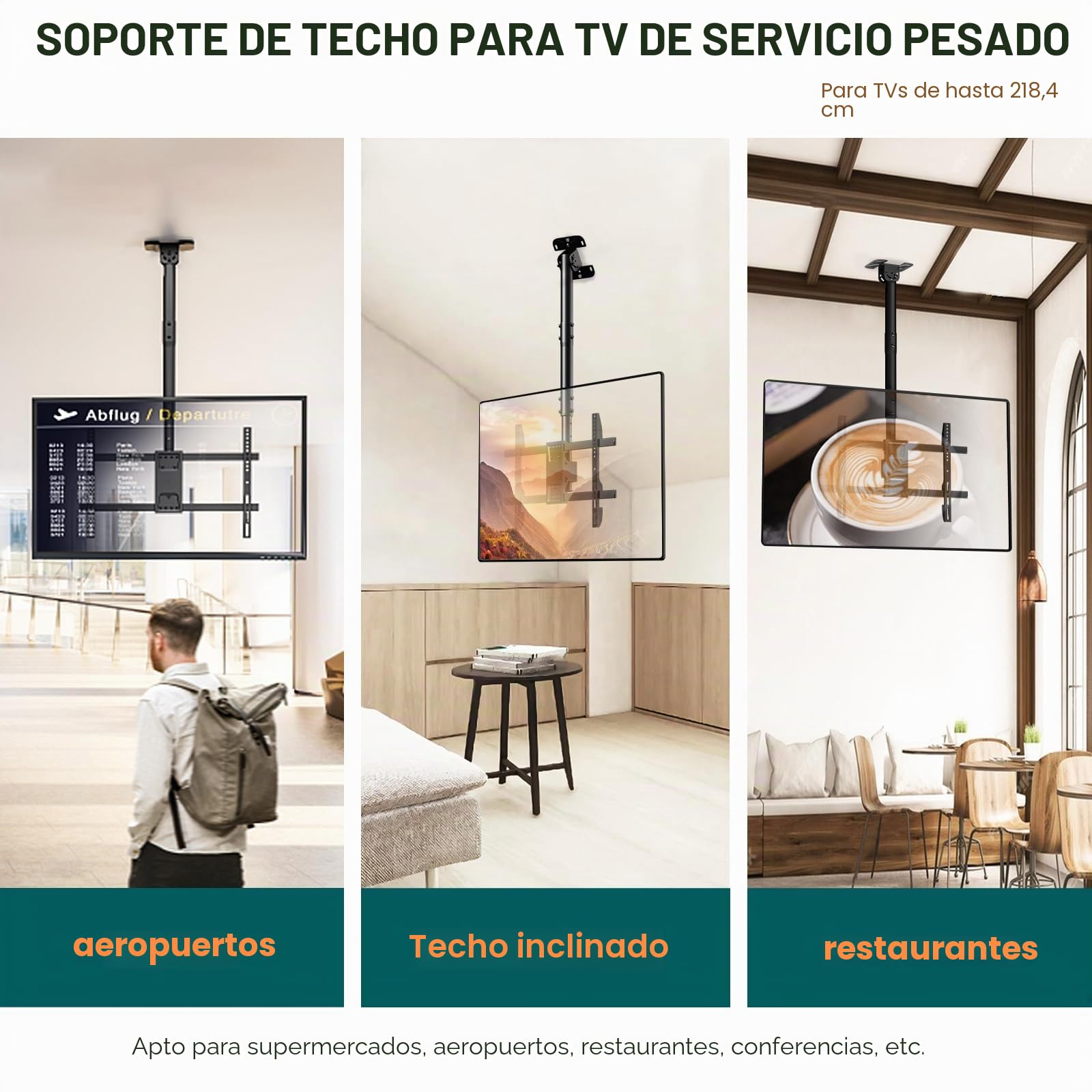 Soporte TV Techo para, Ajustable e inclinable – Compatible con la mayoría de los televisores de 43 a 86 Pulgadas, Soporte de Techo Full-Motion, soporta hasta 60 kg, Compatible con VESA 600 x 400 mm
