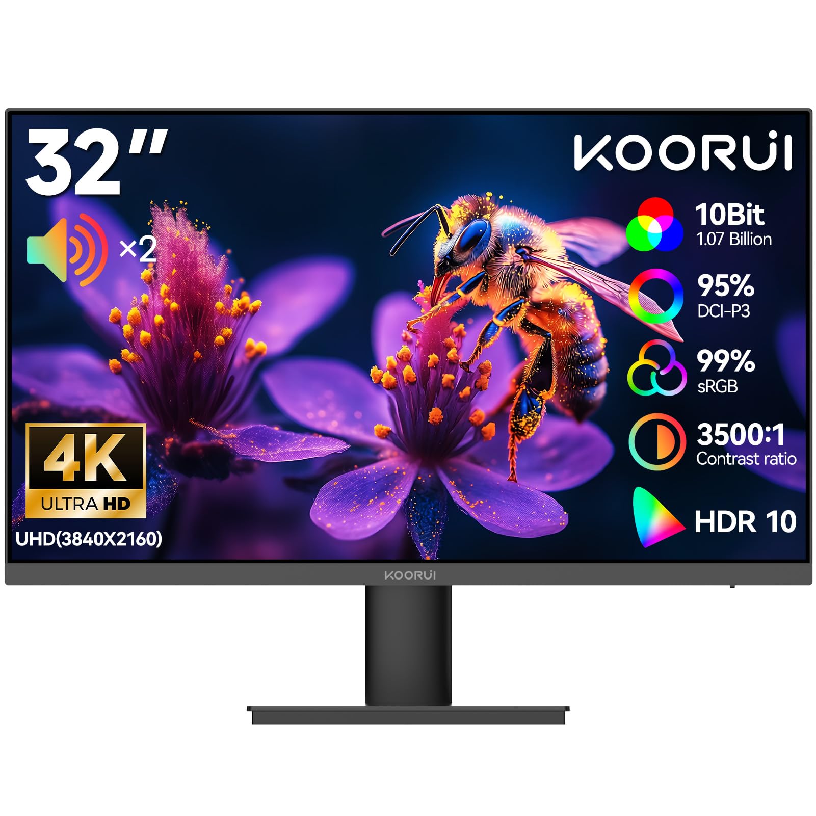 KOORUI 32 Zoll 4K Monitor, UHD 3840 x 2160, 60Hz, VA Panel, Lautsprecher | Adaptive Sync, HDR10, 95% DCI-P3, Low Blue Light Eye Care, HDMI 2.0/DP 1.4, VESA 100x100 mm, Homeoffice Büro Gaming Monitor