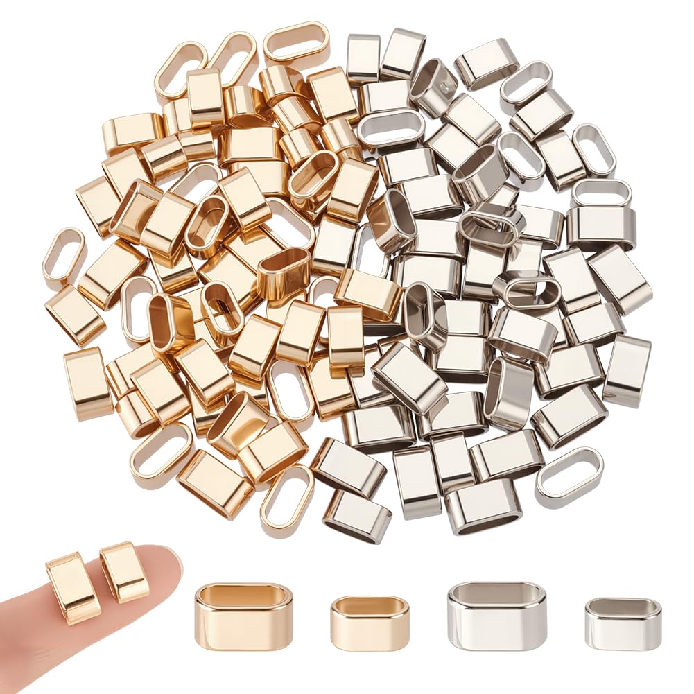 GOMAKERER 120 Pcs 2 Colors Rectangle Alloy Slide Charms, Mixed Color Jewelry Quick Connector Large Hole Slider Loose Beads Jewelry Locking Clip for Necklace Bracelet Jewelry Making DIY