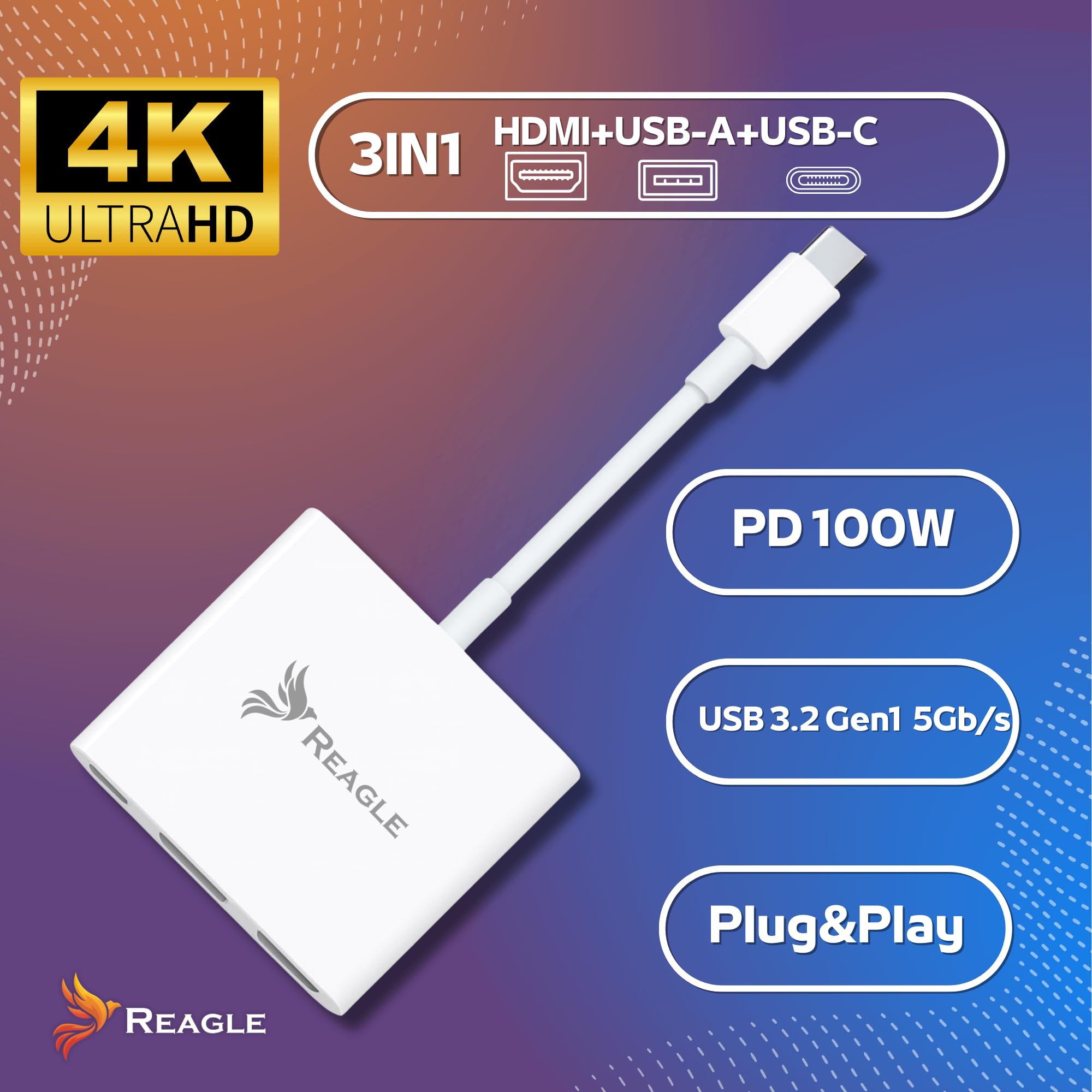 Reagle Adapter USB-C HDMI 4K60Hz z USB-A i PD 100W, Wyjście Wideo Ultra HD 4K do TV Monitor Projektor USB-C do HDMI Kompatybilny z DP Alt Mode MHL dla Laptopów i Smartfonów
