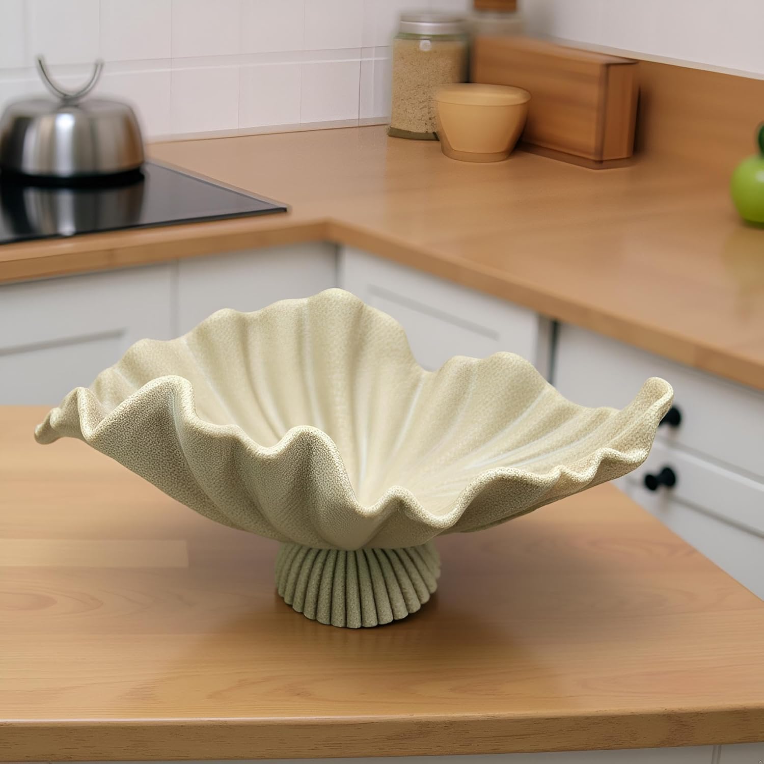 16" Large Decorative Bowl decor, Modern Home Decor,Stylish Key Bowl for Entry Table,Scalloped Decorative Bowls (Beige-With base, 16.14inch)