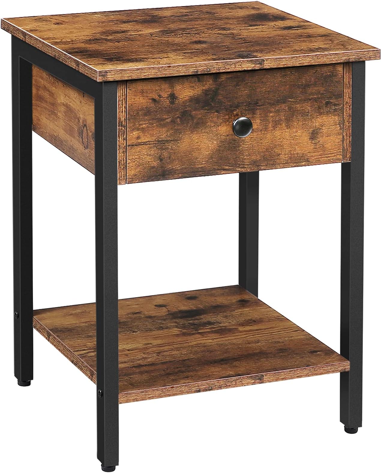 HOOBRO Nightstand, 2-Tier End Table, Industrial Side Table with Drawer and Storage Shelf, Wooden Accent Table with Metal Frame, for Living Room, Bedroom, Easy Assembly, Rustic Brown and Black BF40BZ01