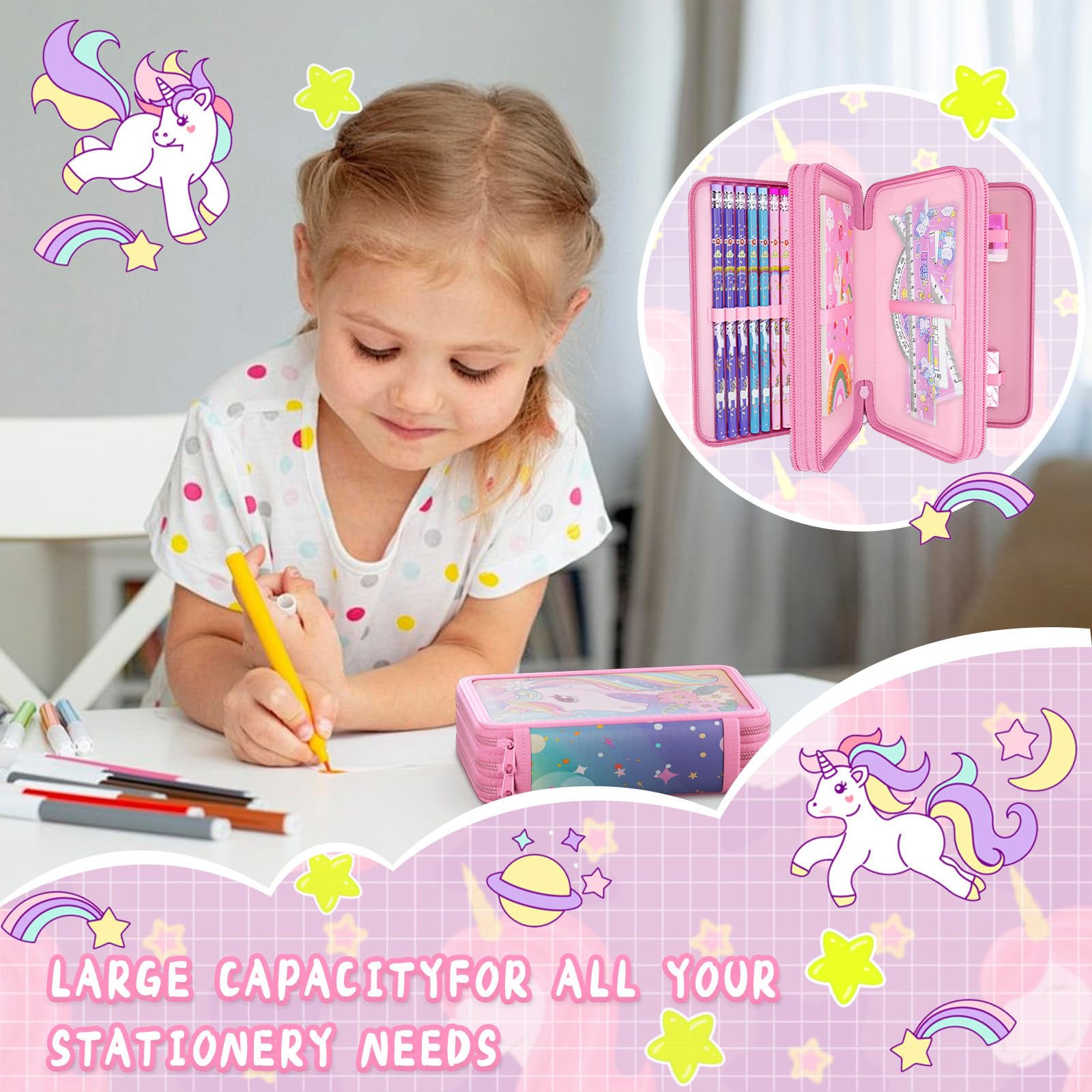 39 Pezz Astuccio unicornoe Bambina,2025 Anno Astuccio 3 Scomparti Bambina,Set scuola Cancelleria,Doppia Cerniera,Materiale Scolastic（Rosa Pesca Regalo Rientro Scuola）