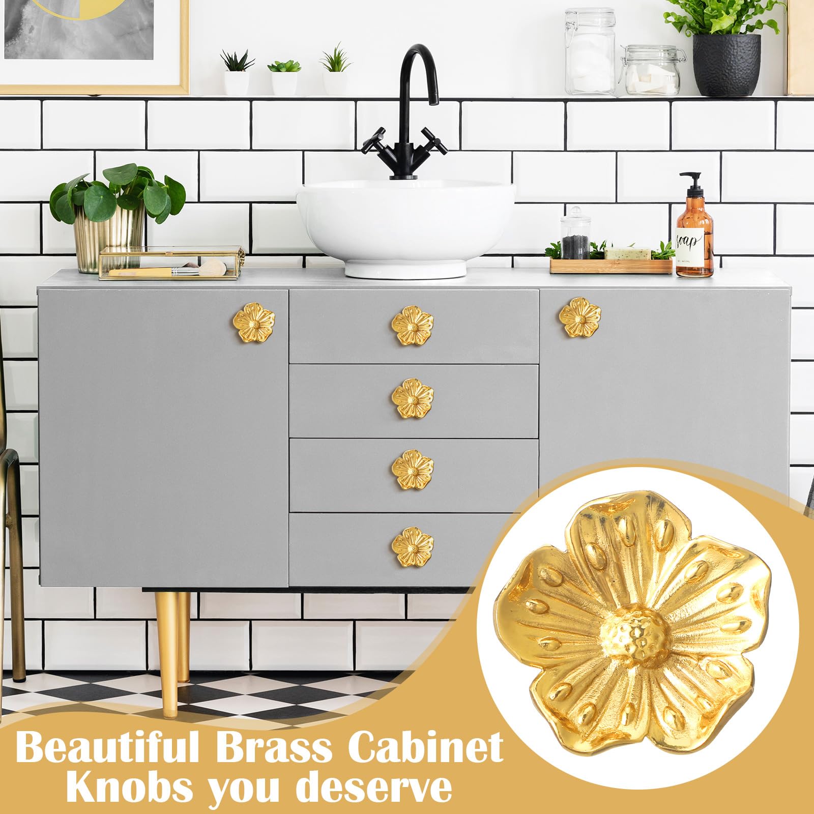 slim fit dress slacks Cabinet Pulls Gold Pulls Brushed Brass Flower Knob for Kitchen — Goldenwarm main image 0
