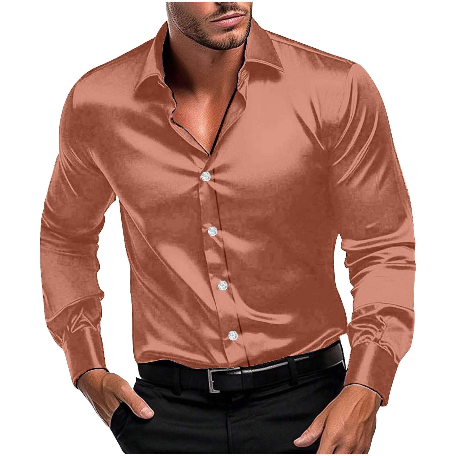Men Long Sleeve Satin Dress Shirt Shiny Embroidery Silk Like Button Down Casual Luxury Prom Wedding Party Disco Solid