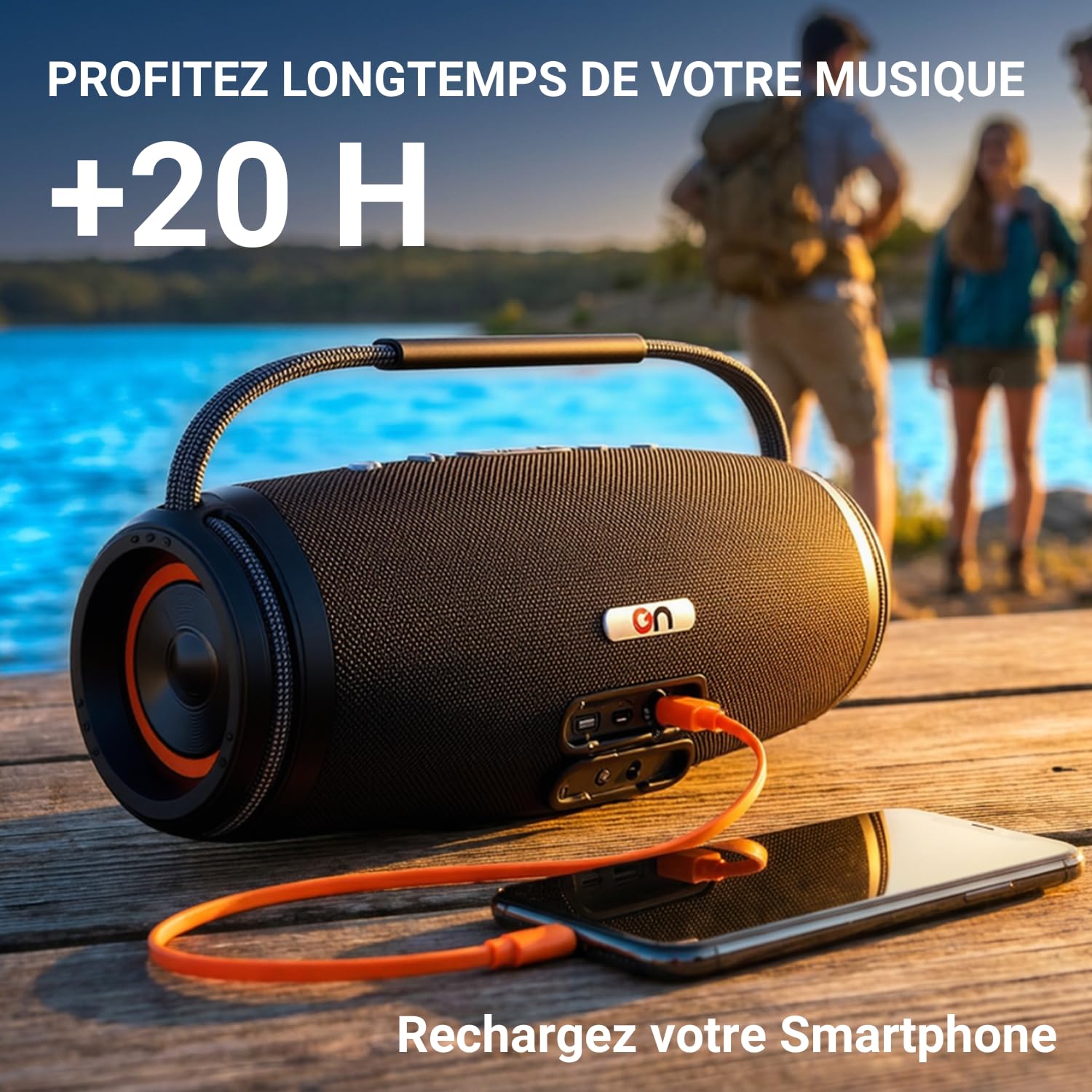 on ON09 – Enceinte Bluetooth Portable Puissante – Basses Profondes – Enceinte Nomade Intérieur Extérieur – USB, Carte SD, AUX – Power Bank – TWS – Lumières RGB – IPX5 – Poignée Cordage Marin