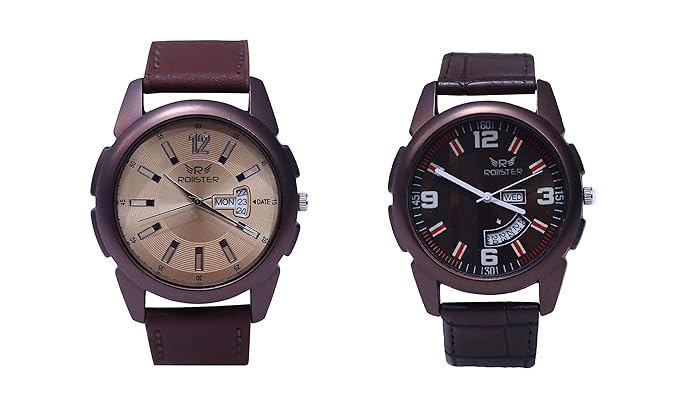 ROLLSTER Combo Offer ROLLSTER Anal Dogue Wrist Watch Golden and Brown dial Day & ate Mens & Boys