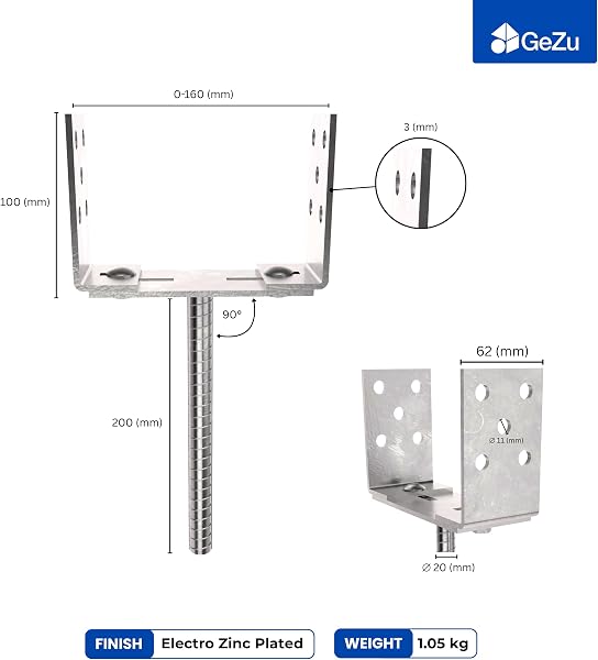 GeZu Impex Adjustable U Post Support 200 mm Electroplated Zinc Coated U Shape Concrete In Post Support Width Adjustable Rod Anchor Bracket U Type Fence Foot Anchor - 2