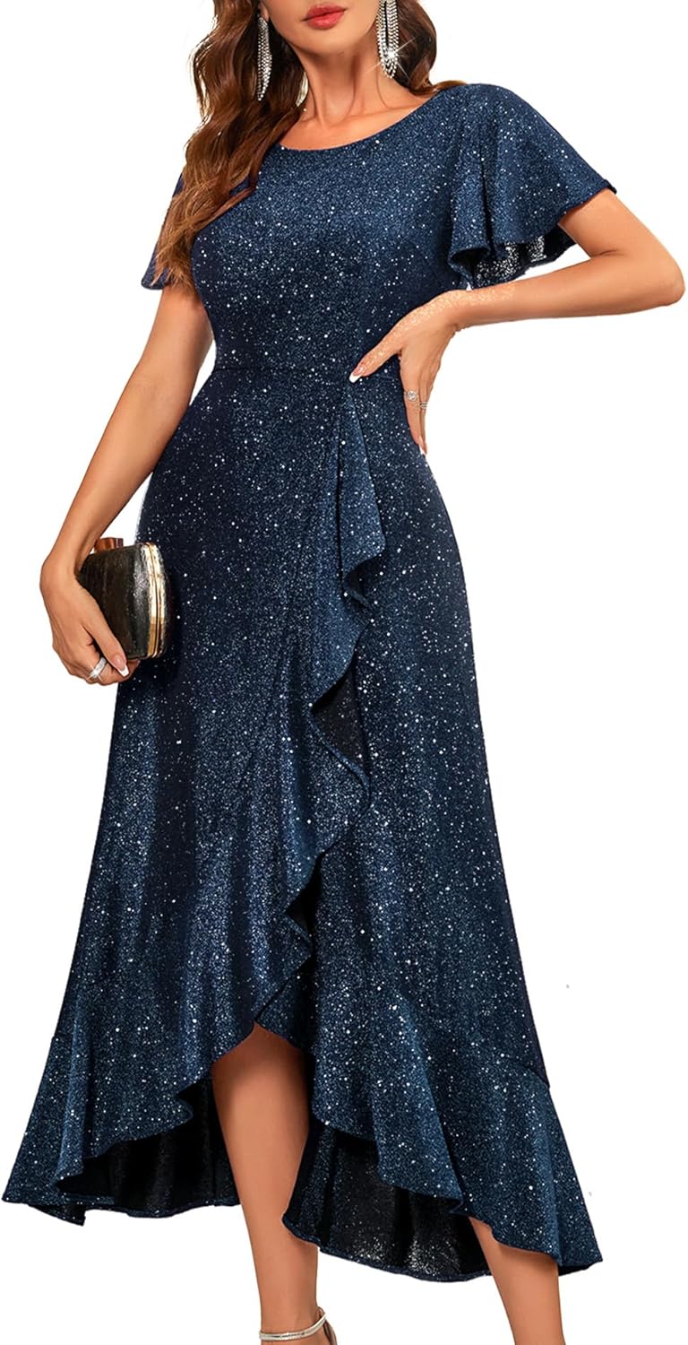 BeryLove Women Sequin Formal Party Dress Flutter Short Sleeve Wedding Cocktail Long Evening Dress X-Large Navy