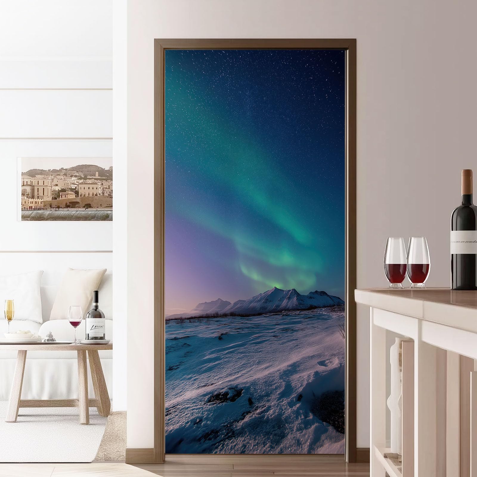 Papel pintado autoadhesivo para puerta, paisaje natural, póster para puerta, pegatina para puerta, montaña cubierta de nieve, aurora polar impermeable, lámina de vinilo para puerta, azul oscuro, papel