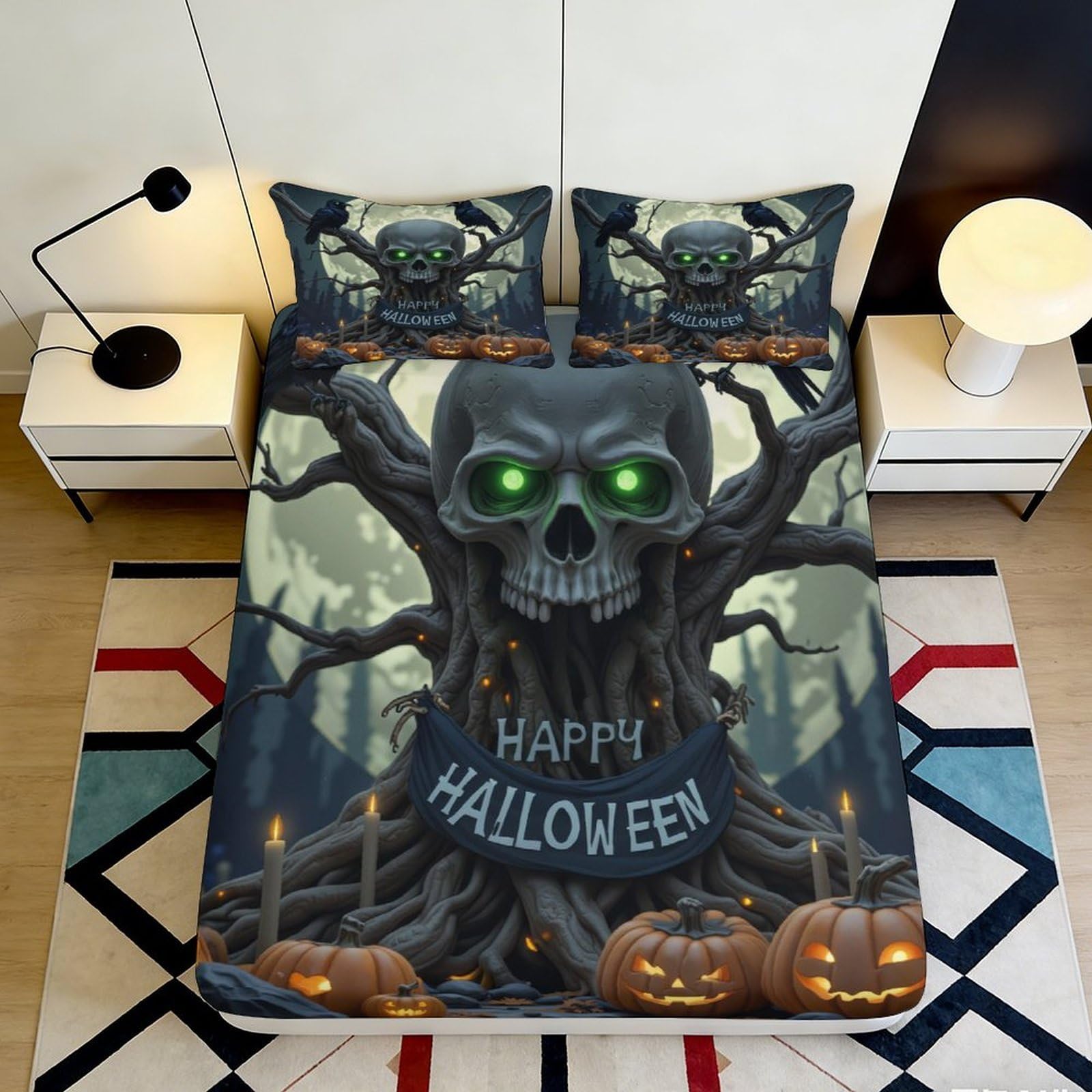 3D Printed Halloween Skull Tree Fitted Sheet Microfiber Decor Pumpkin Bed Cover for Bedroom Guest Room Easy Wash 200x200x25cm