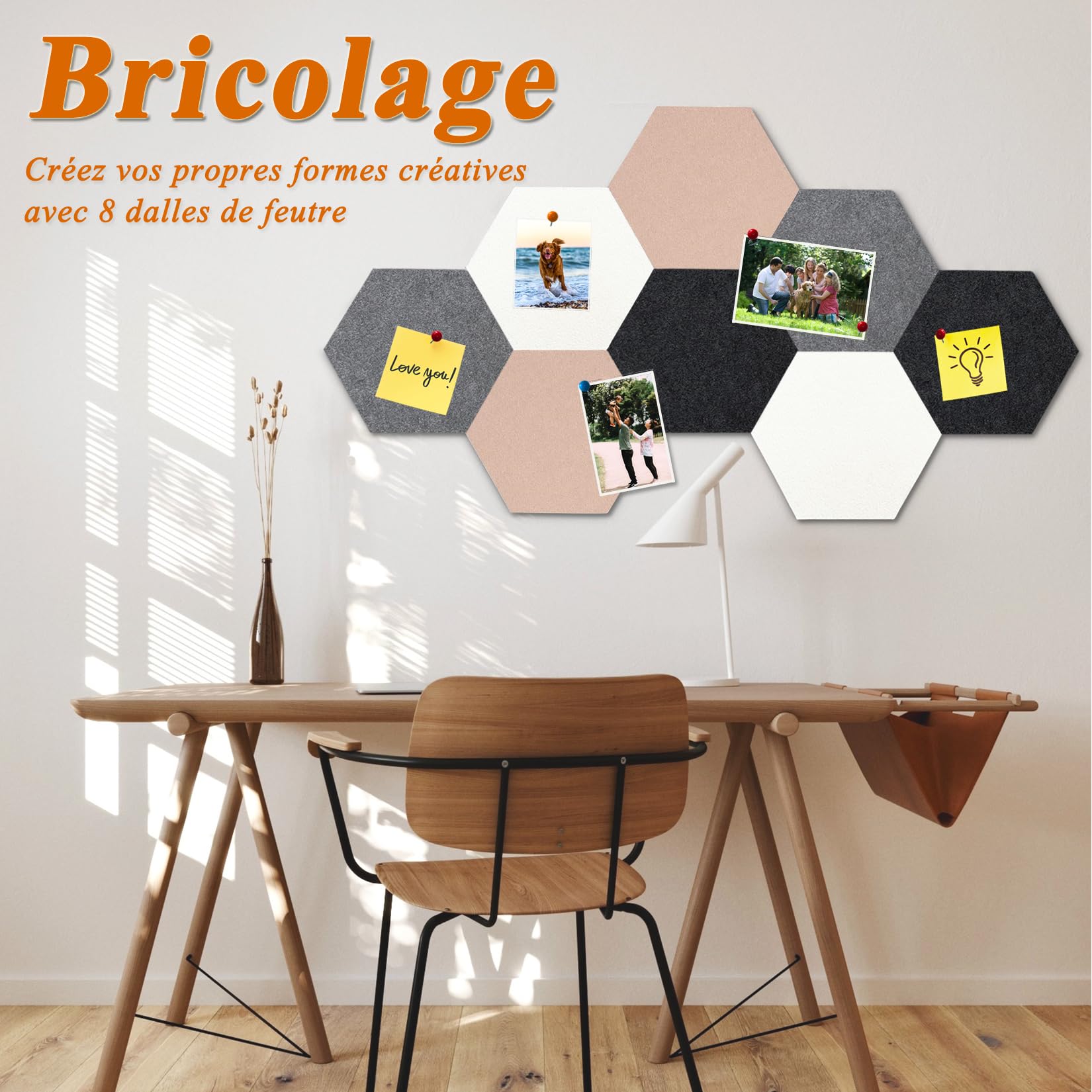 Lot de 8 dalles hexagonales en feutre et liège, autocollantes, pour tableau d'affichage, bureau, école, maison, décoration murale, autocollants, mémos, photos(Camel et Gris)