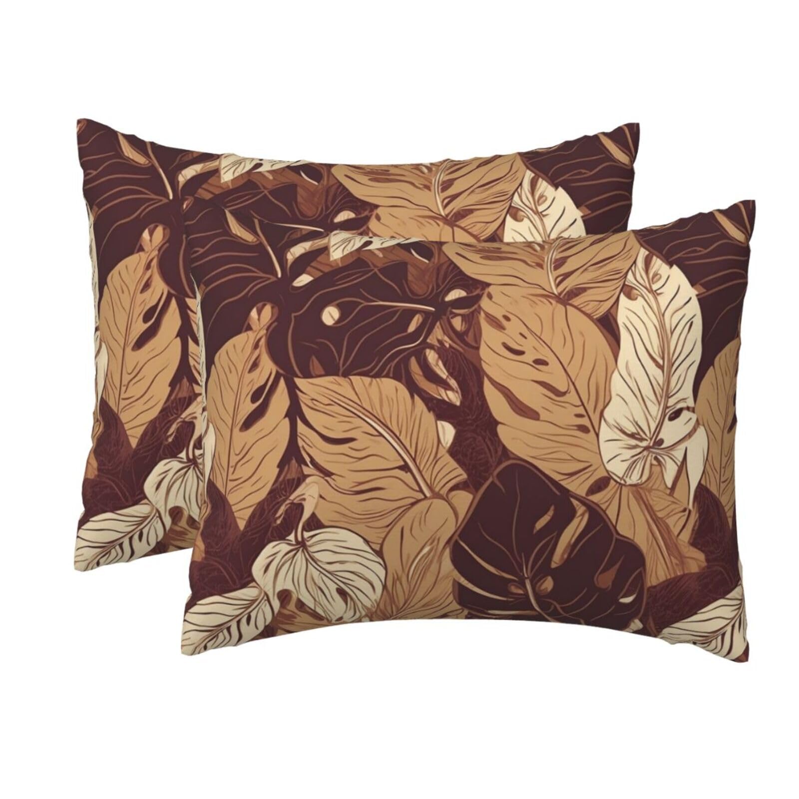 2 Pack Standard Size Pillow Cases for Hair and Skin Soft Breathable Pillow Case Covers with Hidden Zipper Brown Tropical Leaves Pillowcase 20x26 Inches Pillow Cover for Sleeping Gift